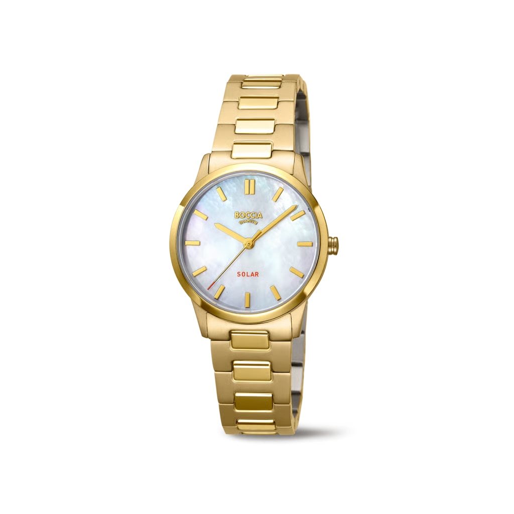 Die DAU-Boccia Solar Metallband Uhr Modellnummer 3363-05 kombiniert Eleganz und Technologie. Sie hat ein Titangeh&auml;use und -armband in Goldfarbe, ein Perlmuttzifferblatt mit Streifenindexen und ist bis 50 Meter wasserdicht. Ohne Datumsfunktion bietet sie analoge Anzeige und Solarbetrieb. Ideal f&uuml;r den t&auml;glichen Gebrauch&mdash;passt perfekt zu formeller und l&auml;ssiger Kleidung.