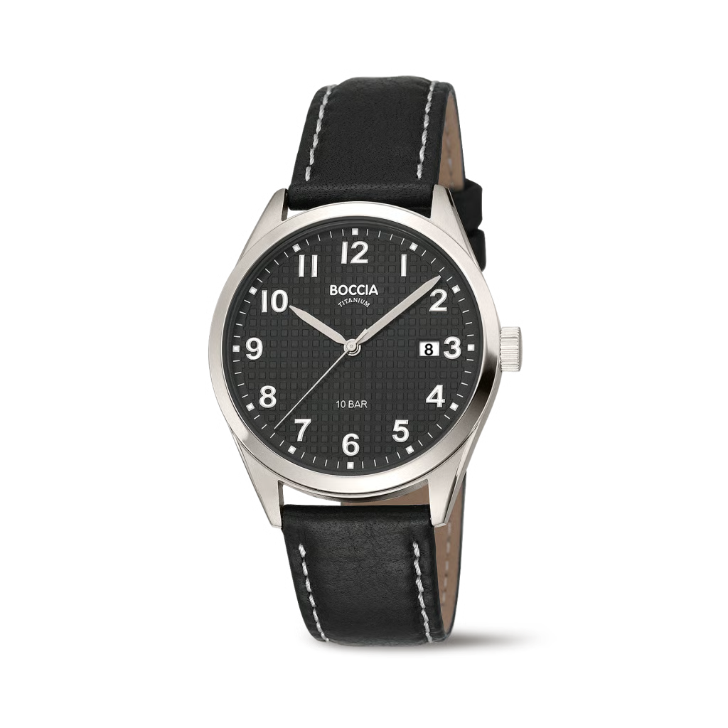 Der HAU Bocia Lederband schwarz (Modellnummer 3682-01) bietet ein stilvolles Design mit schwarzem Zifferblatt und Lederarmband. Die Uhr verf&uuml;gt &uuml;ber ein Titangeh&auml;use, Mineralglas und eine Datumsfunktion. Sie ist wasserdicht bis 100 Meter und benutzt ein pr&auml;zises Quarzwerk. Tragen Sie diese Uhr zu eleganten Anl&auml;ssen oder im Alltag f&uuml;r einen klassischen Look.