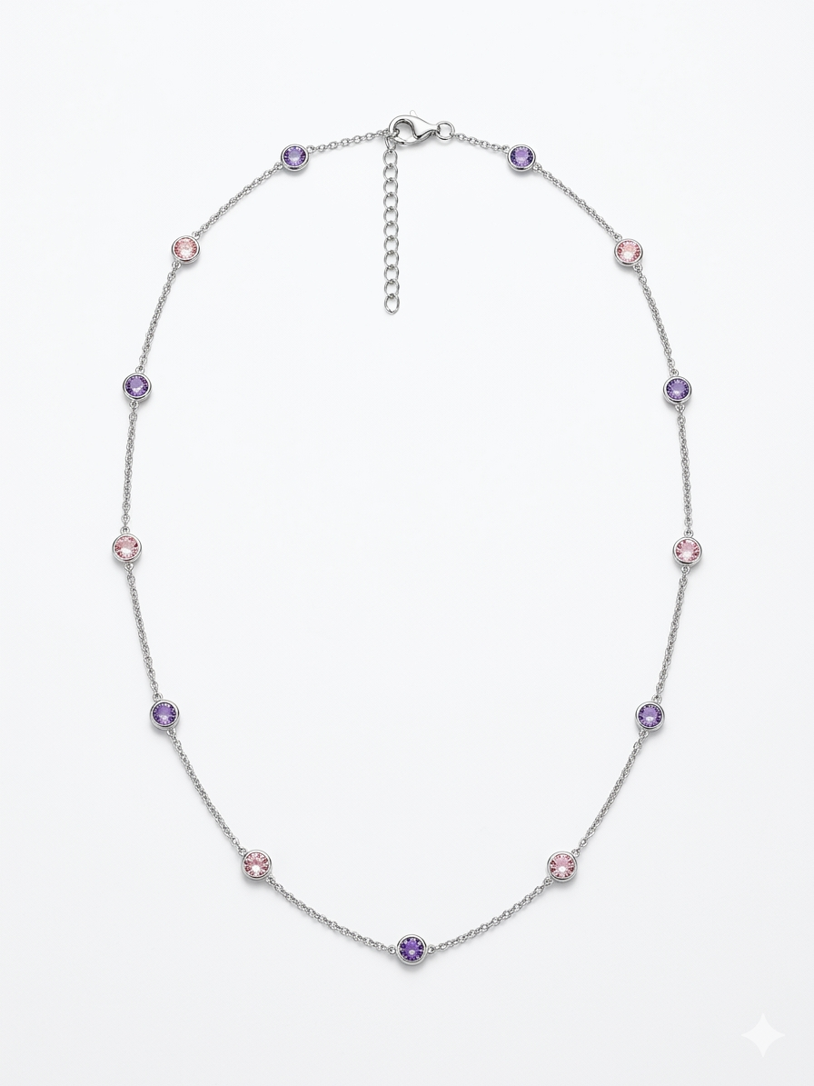 Zilver collier met zirkonia&rsquo;s roze en paars