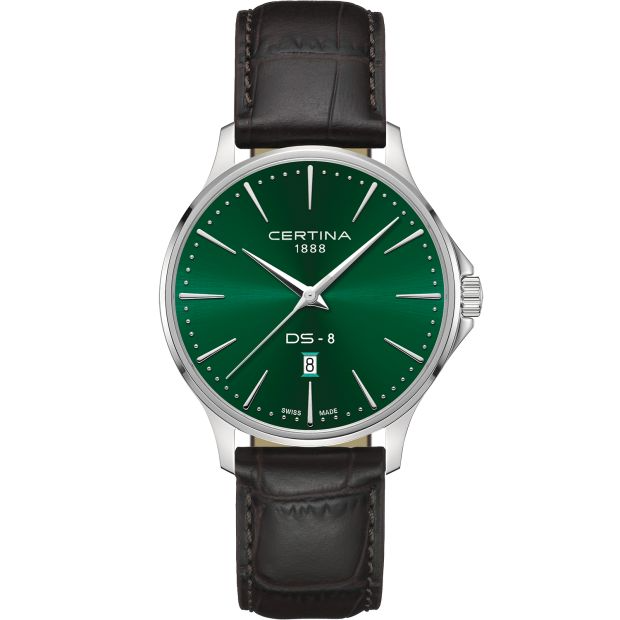 Dit Certina DS 8 Herenhorloge is bekend onder Certina-referentienummer C0454101609100. Het horloge heeft een quartz-uurwerk dat geplaatst is in een edelstalen kast. Op de groene wijzerplaat is analoge tijdsweergave zichtbaar. Aan de kast zit een bruine lederen horlogeband met een gespsluiting.

Het quartz-uurwerk biedt u datum-aanduiding als tijdfunctie(s). De ronde horlogekast is 100m waterdicht en voorzien van een saffierglas.

Het Zwitserse Certina staat garant voor luxe kwaliteit. Niet alleen qua stijl onderscheidt Certina zich van de rest, ook de technologie is een belangrijk aspect van de Certina-filosofie. De door Certina volledig doorontwikkelde DS-technologie zorgt voor een optimale bescherming van het uurwerk op het gebied van schokken en waterdichtheid. Certina biedt een grote vari&euml;teit aan stijlen. Het merendeel van de door Certina vervaardigde horloges heeft een sportief tot zeer sportief karakter, zoals de dames- en herenhorloges uit de DS Podium-collectie. Maar met de Certina DS One en DS Powermatic spreekt de fabrikant ook tot de verbeelding van liefhebbers van traditioneel design.