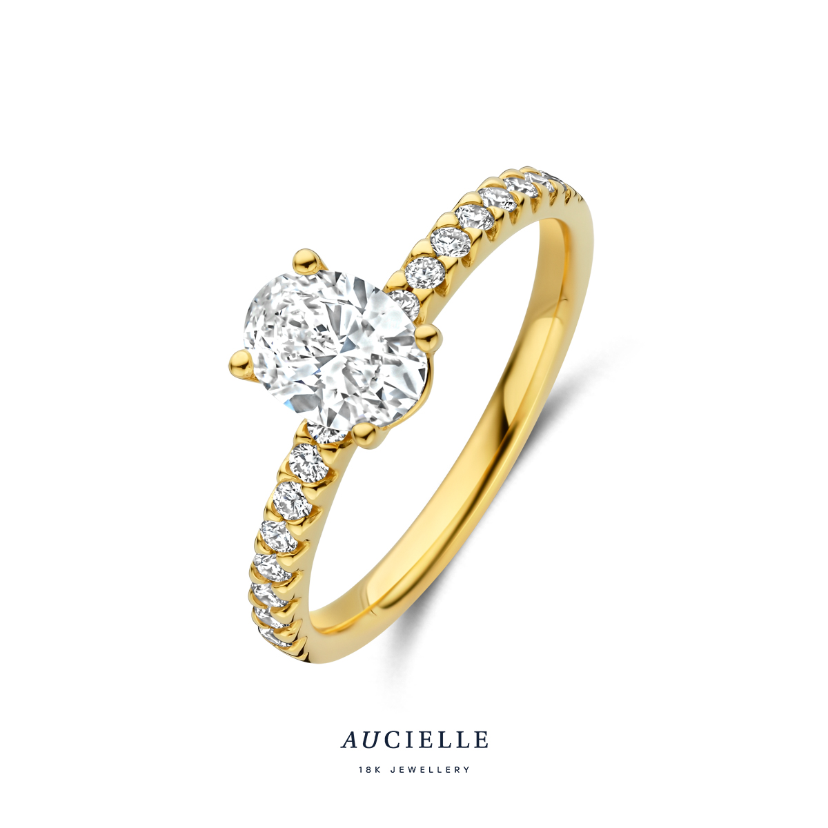 Aucielle ring sollitaire geel goud 18k met 4 griffen LGD ovaal 75 pnt en LGD sidestones 23 pnt