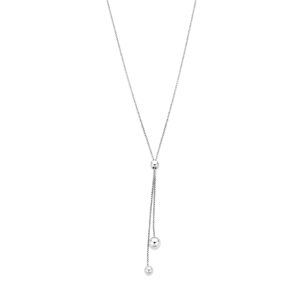 Gerhodineerd 925 zilveren y-collier uitgevoerd met bolletjes. Het collier heeft een totale lengte van 76cm en een schakelbreedte van 1mm.