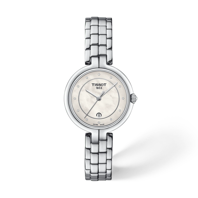 De Tissot Flamingo T0942101111602 is een elegante dameshorloge met een zilverkleurige roestvrijstalen band en een betoverende parelmoeren wijzerplaat met echte diamanten. Met zijn Zwitserse quartzbeweging, saffierglas, en waterbestendigheid tot 5 ATM, is dit horloge perfect voor zowel dagelijkse als formele gelegenheden. Het slanke ontwerp zit comfortabel op de pols. Draag het met zakelijke of chique outfits voor een verfijnde look.