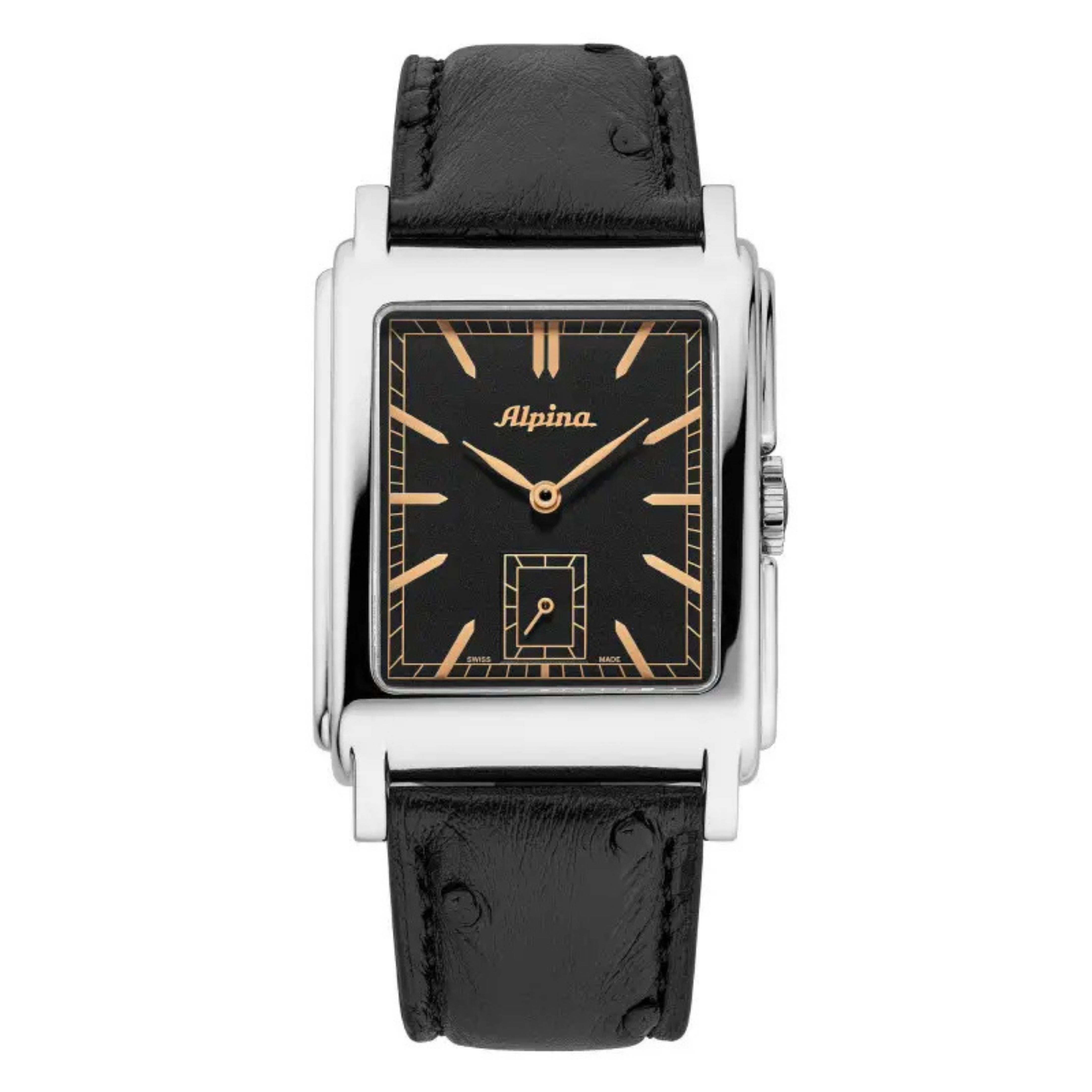 De Alpina AL-530BBG3C6 is een elegant herenhorloge uit de Alpiner Heritage Carr&eacute;e Automatic Edition Europe-collectie met een klassieke Art-Deco-uitstraling. Het horloge heeft een rechthoekige roestvrijstalen kast, een zwarte wijzerplaat met beige accenten en een krasbestendig saffierglas. Binnenin bevindt zich het automatische Zwitserse Caliber AL-530 met een gangreserve van ongeveer 38 uur en een kleine secondewijzer op 6 uur. De zwarte leren band en de transparante kastbodem benadrukken het stijlvolle ontwerp en het mechanische vakmanschap. Als gelimiteerde Europese editie is dit model extra aantrekkelijk voor liefhebbers en verzamelaars van klassieke horloges.