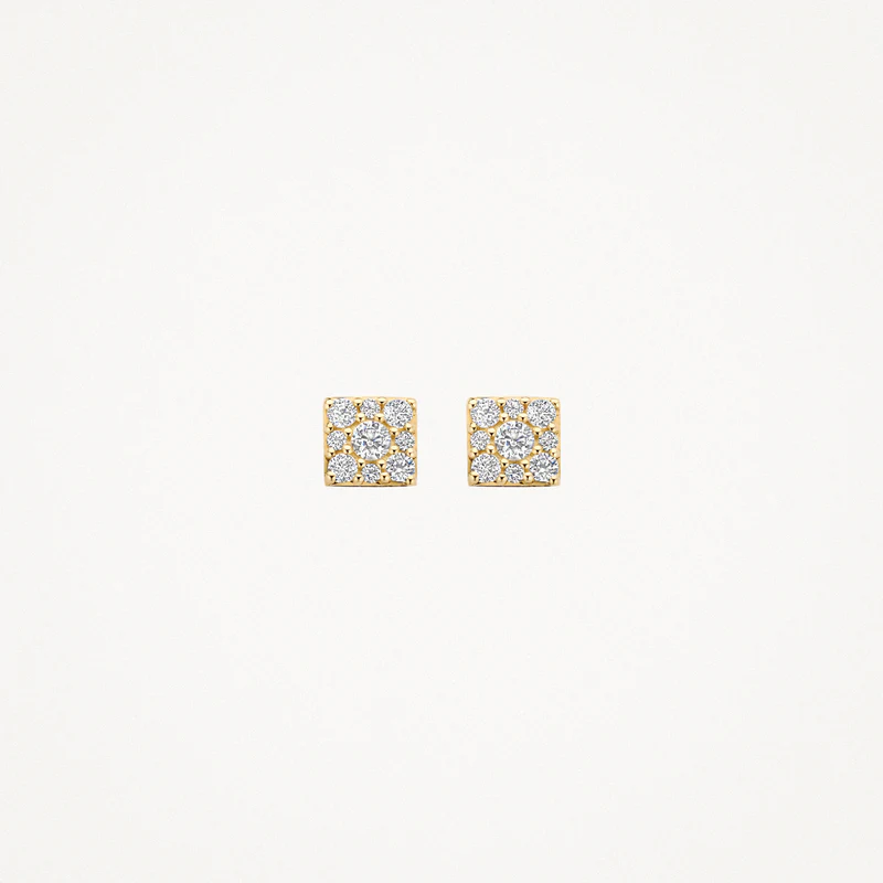 Geef je outfit een schitterende upgrade met deze vierkante oorknopjes. Ze zijn vervaardigd uit 14k geelgoud en bezet met sprankelende zirkonia's in een verfijnde pav&eacute;-zetting. Dankzij het tijdloze, geometrische ontwerp stralen deze oorknoppen luxe uit bij elke gelegenheid. Of je ze nu solo draagt of combineert, ze voegen altijd een elegante glans toe aan je look.