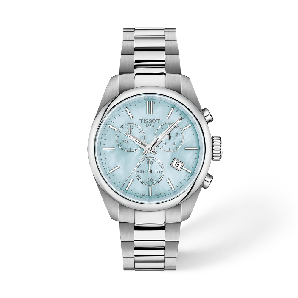 damespolshorloge Tissot model PR 100 met licht blauwe parelmoer wijzerplaat