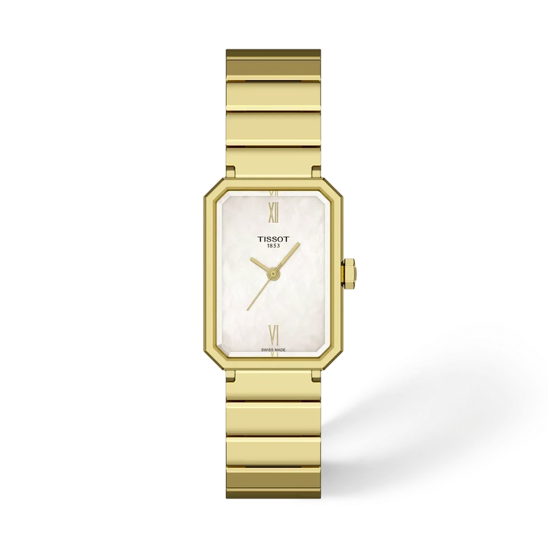 Het SRV-horloge is ge&iuml;nspireerd op Art Deco, een kenmerkende stijl die bloeide in de jaren 1920. Ge&iuml;nspireerd door geometrische vormen en abstracte patronen, werd het een dominante stijl in architectuur, interieurontwerp, mode en grafische kunst. Hoewel de SRV rechtstreeks ge&iuml;nspireerd is op een model uit 1975, was dat ontwerp zelf een herinterpretatie van Tissot&rsquo;s eerdere creaties uit de jaren 1920. SRV staat voor Sapphire Rectangle V, de perfecte naam voor het facetgeslepen saffierglas met rechthoekige silhouet en 5-bar waterbestendigheid, gesymboliseerd door het Romeinse cijfer 5. Het quartz-uurwerk levert betrouwbare precisie, terwijl de End-Of-Life-indicator aangeeft wanneer het tijd is om de batterij te vervangen. Dit rechthoekige horloge met parelmoeren wijzerplaat verhoogt je uitstraling en biedt comfort en vertrouwen. De metalen armband is comfortabel, robuust, makkelijk schoon te maken en duurzaam.