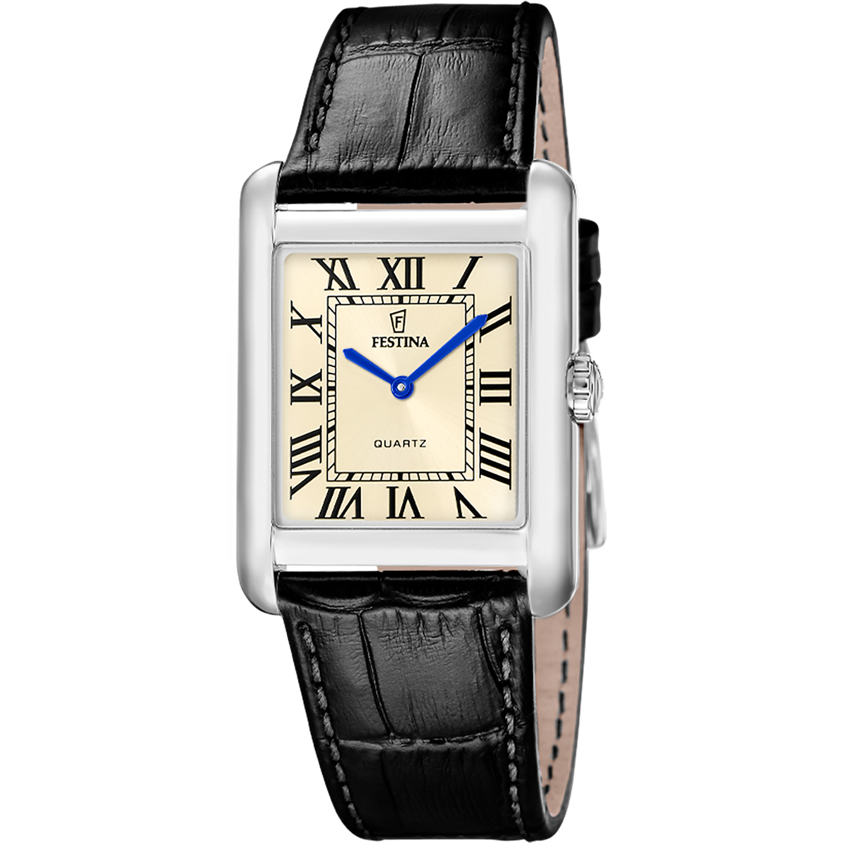 Stijlvolle herenhorloge , rechthoekige kast met zwart lederen band 