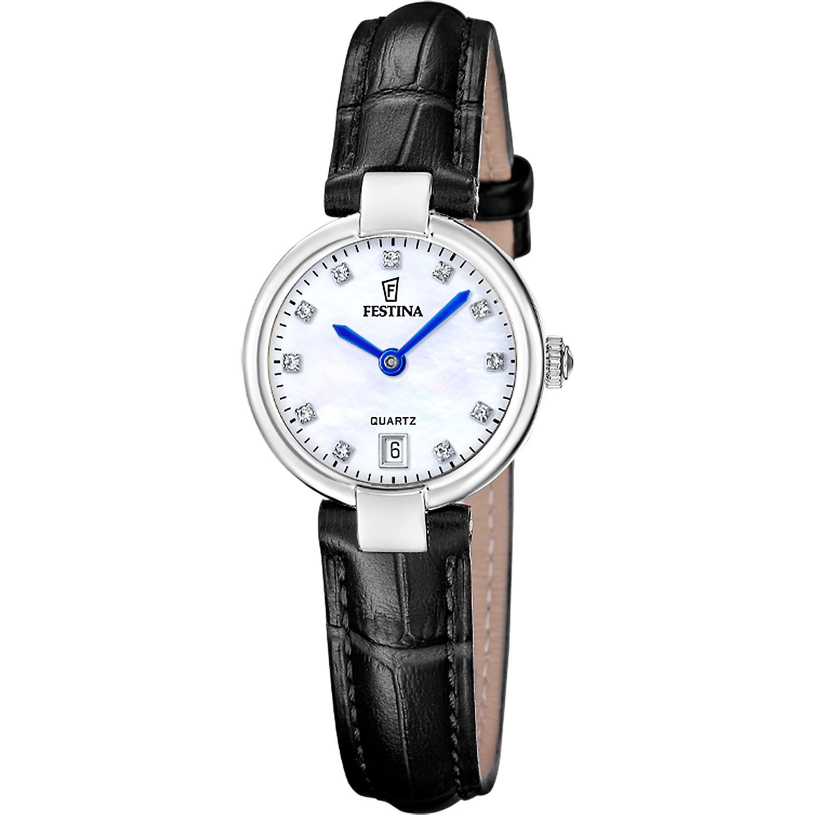Festina dames uurwerk met roestvrij staal kast en zwart lederen band