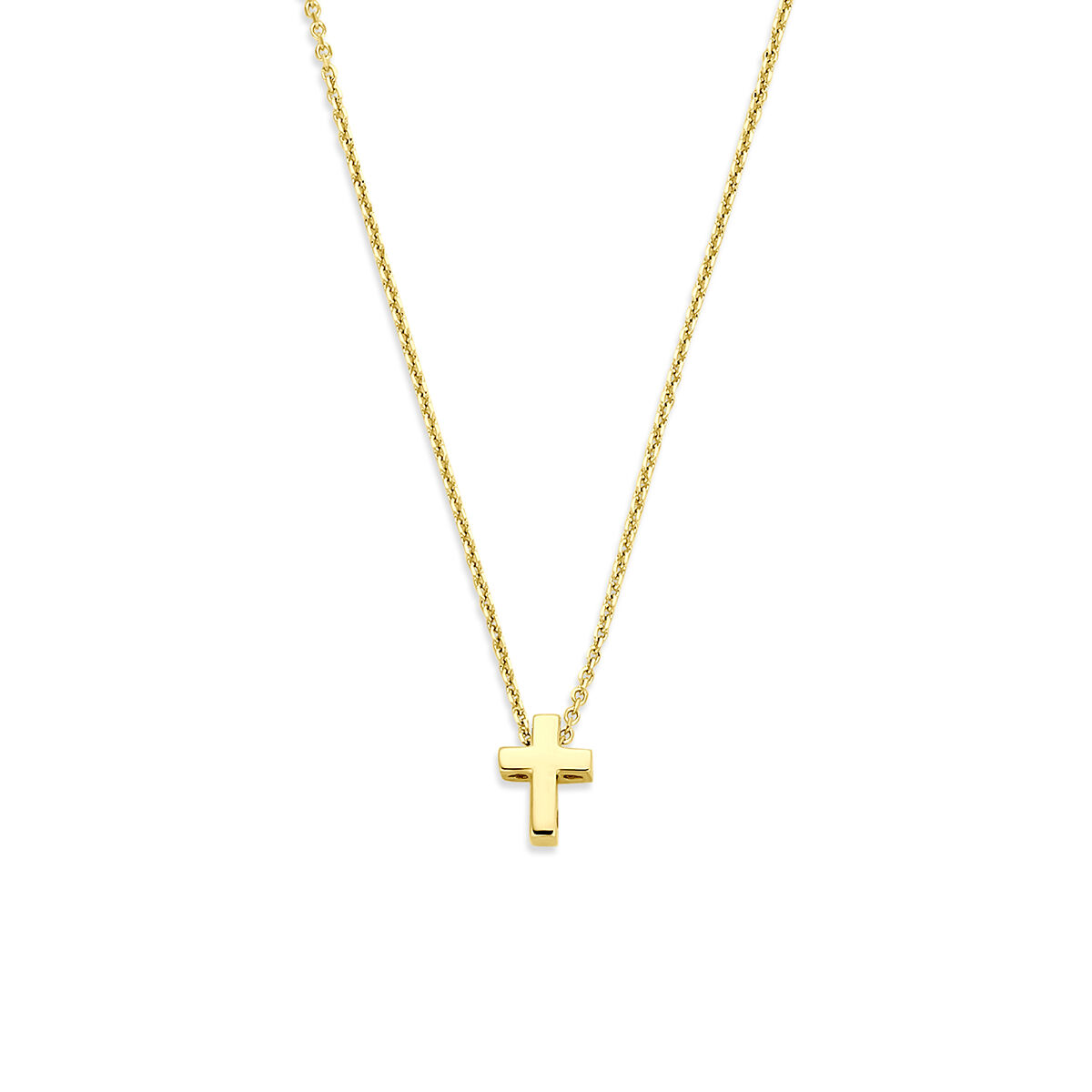 14k Geelgouden collier uitgevoerd met een hanger in de vorm van een kruisje. Het collier heeft draaglengtes van 40-42-44cm, een schakelbreedte van 0,8mm en is uitgevoerd met een karabijnsluiting. De hanger heeft een afmeting van 7x5mm.


