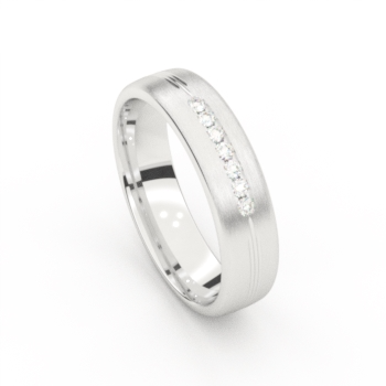 De ring is in witgoud 18 karaat en gezet met briljant in raille zetting mt .09ct. de ring is mat met een fijn lijntje 
erom heen.