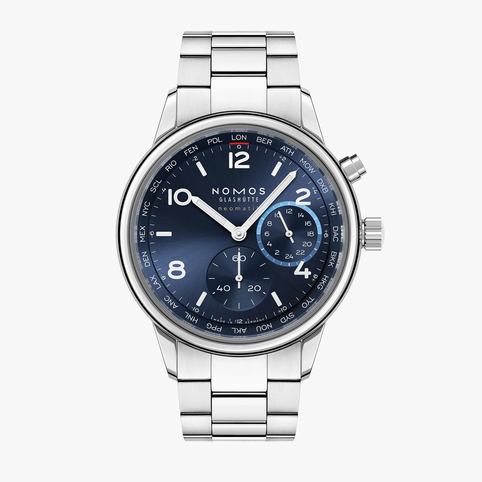 heren polshorloge Nomos model Club Neomatik Weltzeit blauw met een stalen band