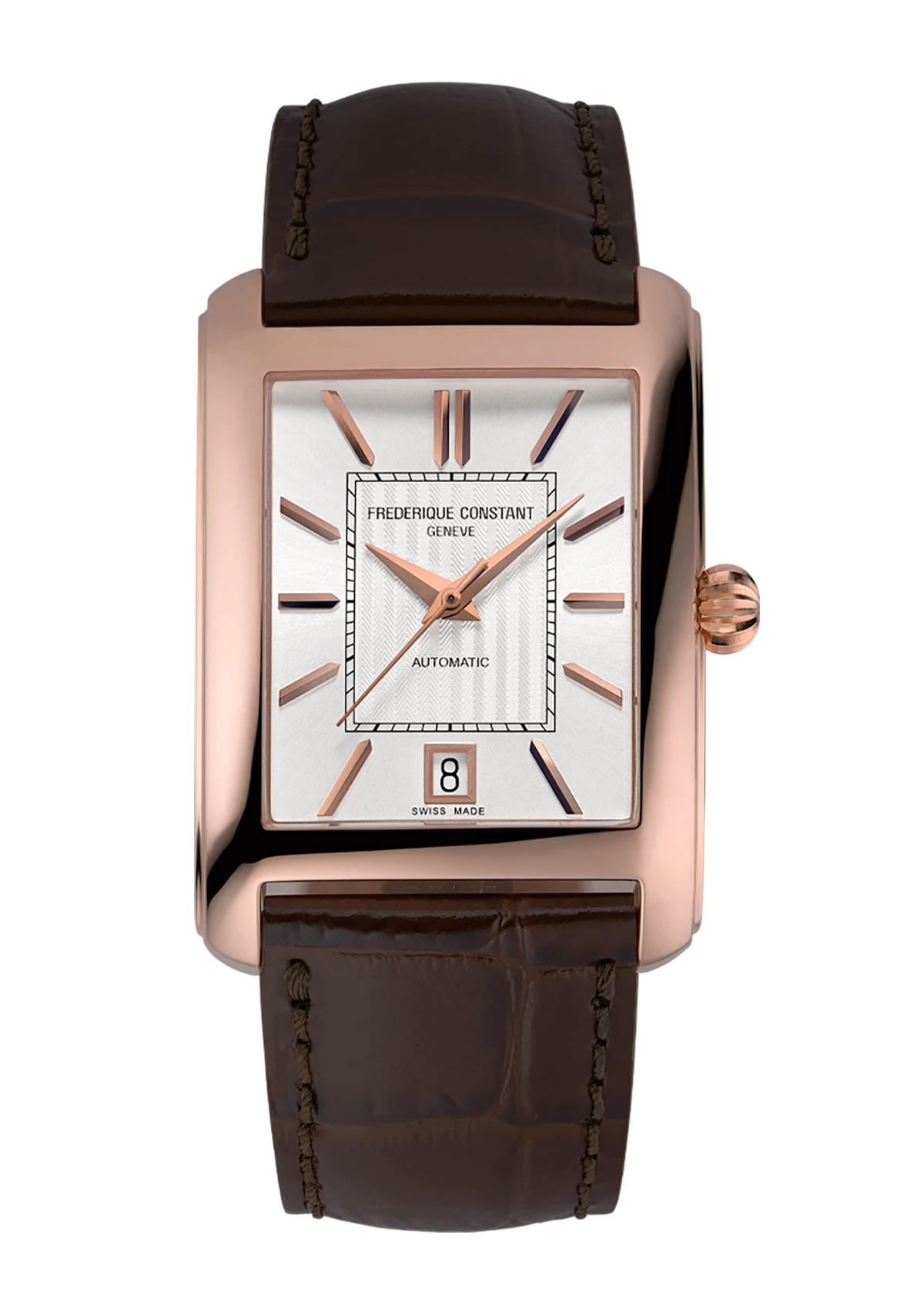 De Frederique Constant Classics Carr&eacute;e Automatic FC-303V4C24 is een elegant automatisch herenhorloge met een karakteristieke rechthoekige kast, ge&iuml;nspireerd op de stijlvolle Art Deco-periode van de jaren 20. De zilverkleurige wijzerplaat, ros&eacute;goudkleurige kast en bruine lederen band cre&euml;ren een klassieke en verfijnde uitstraling. Aangedreven door het Zwitserse automatische FC-303 uurwerk met 38 uur gangreserve, biedt dit model een datumaanduiding en een transparante achterzijde waarmee het mechanische uurwerk zichtbaar is. Een tijdloos dress watch voor liefhebbers van klassieke horlogekunst.