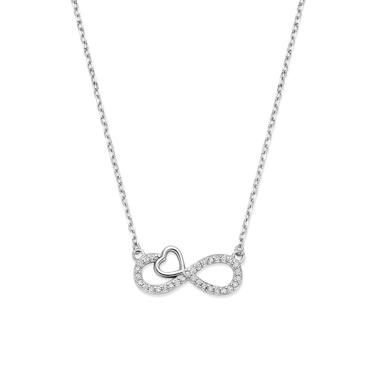 Deze prachtige collier met zirkonia in infinity en hartje vorm, modelnummer 1343111, biedt een elegante uitstraling. Het heeft een verstelbare lengte van 41, 43, tot 45 cm en is perfect te combineren met zowel dagelijkse kleding als formele outfits. Draag het solo voor een subtiele look of laag het met andere kettingen voor extra flair. Kwaliteit gegarandeerd.