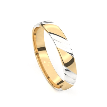 De ring is in wit en geelgoud 18 karaat en is 4 mm breed