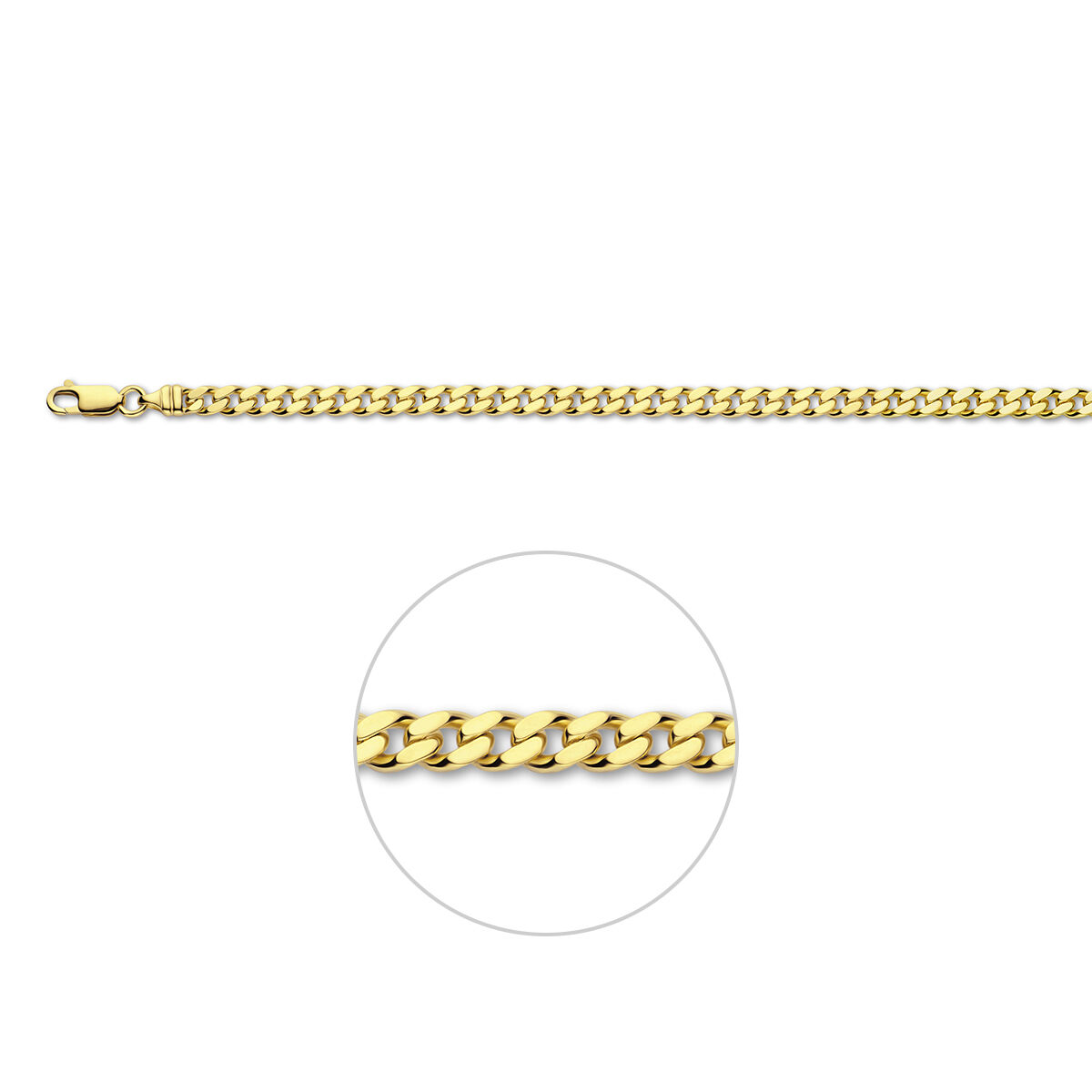 14 Karaat massief geel gouden heren Gourmet collier. 54 cm lang schakelmaat 4,2 mm x 1,9 mm met karabijnslot.