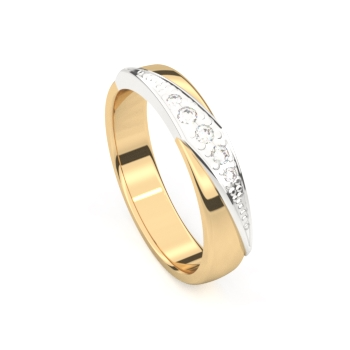 De ring is in wit en geelgoud waaarvan in de wiite band diamant is gezet voor 0.08ct