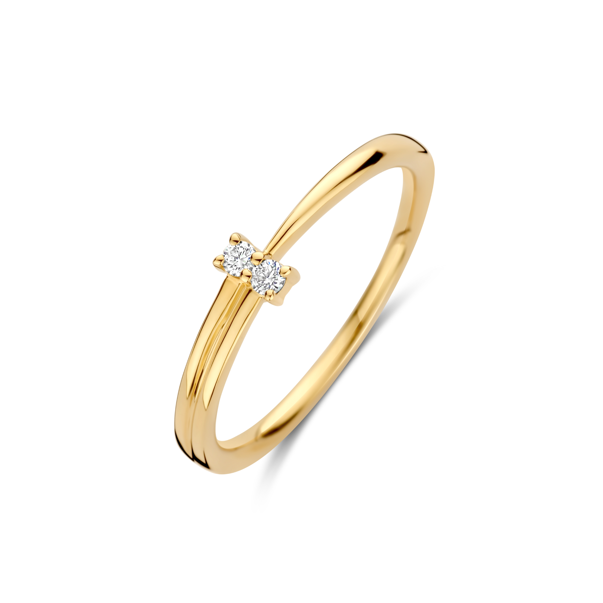 14kt gouden ring met 2x 0.025ct diamanten, totaal 0.05ct