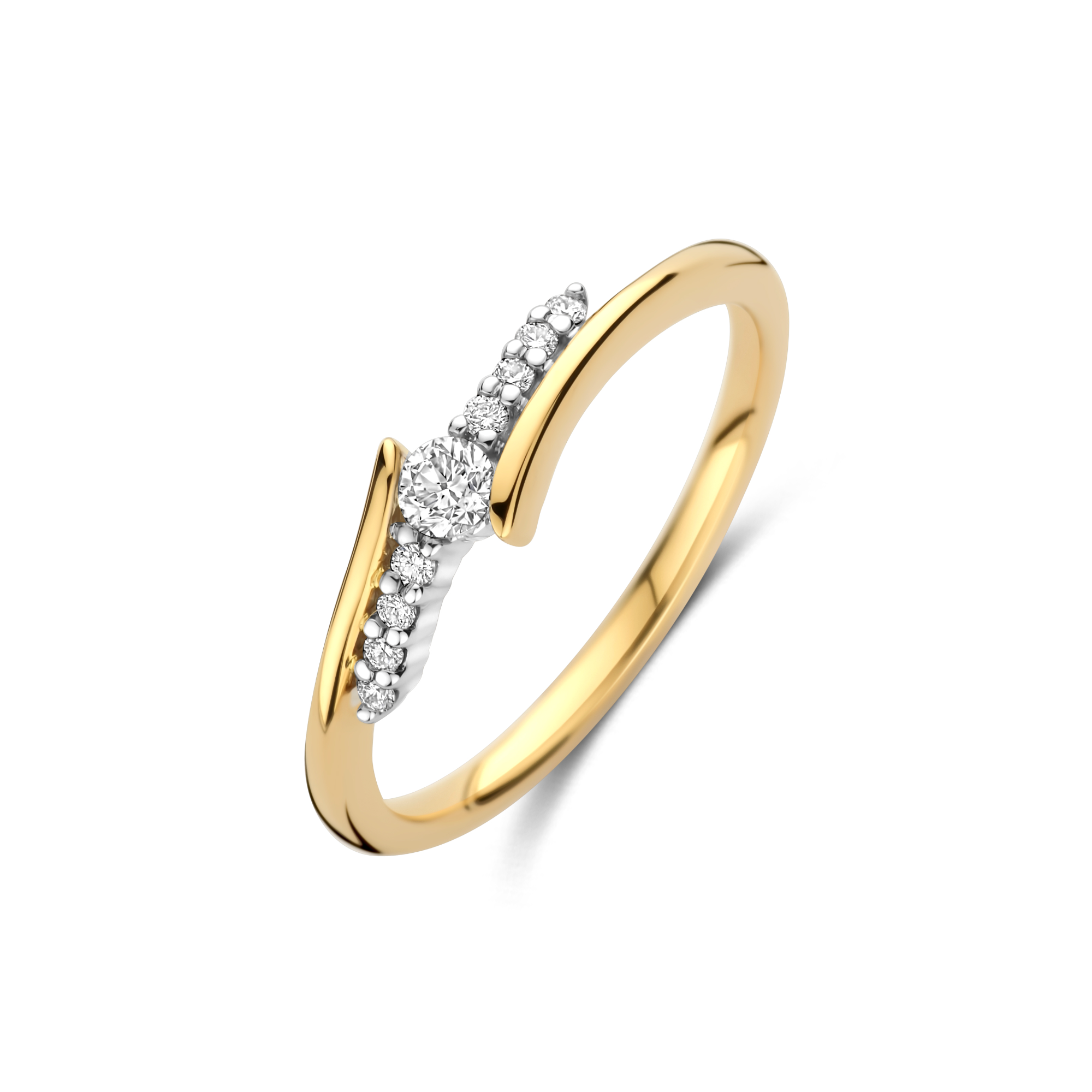14kt bicolor ring met 9 diamanten, totaal 0.16ct