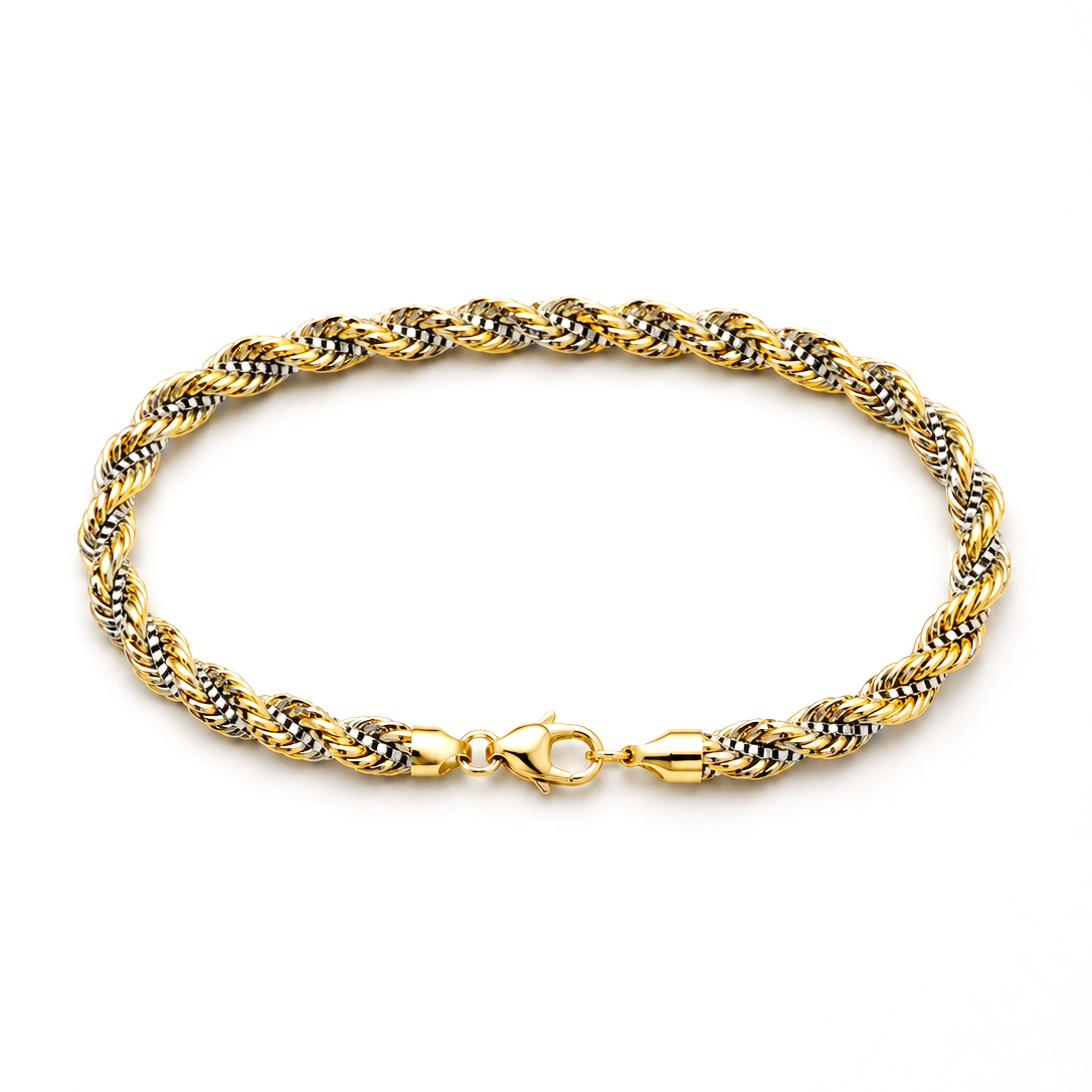 Gouden koord armband met gevlochten witgouden venetiaans collier van 19 cm .