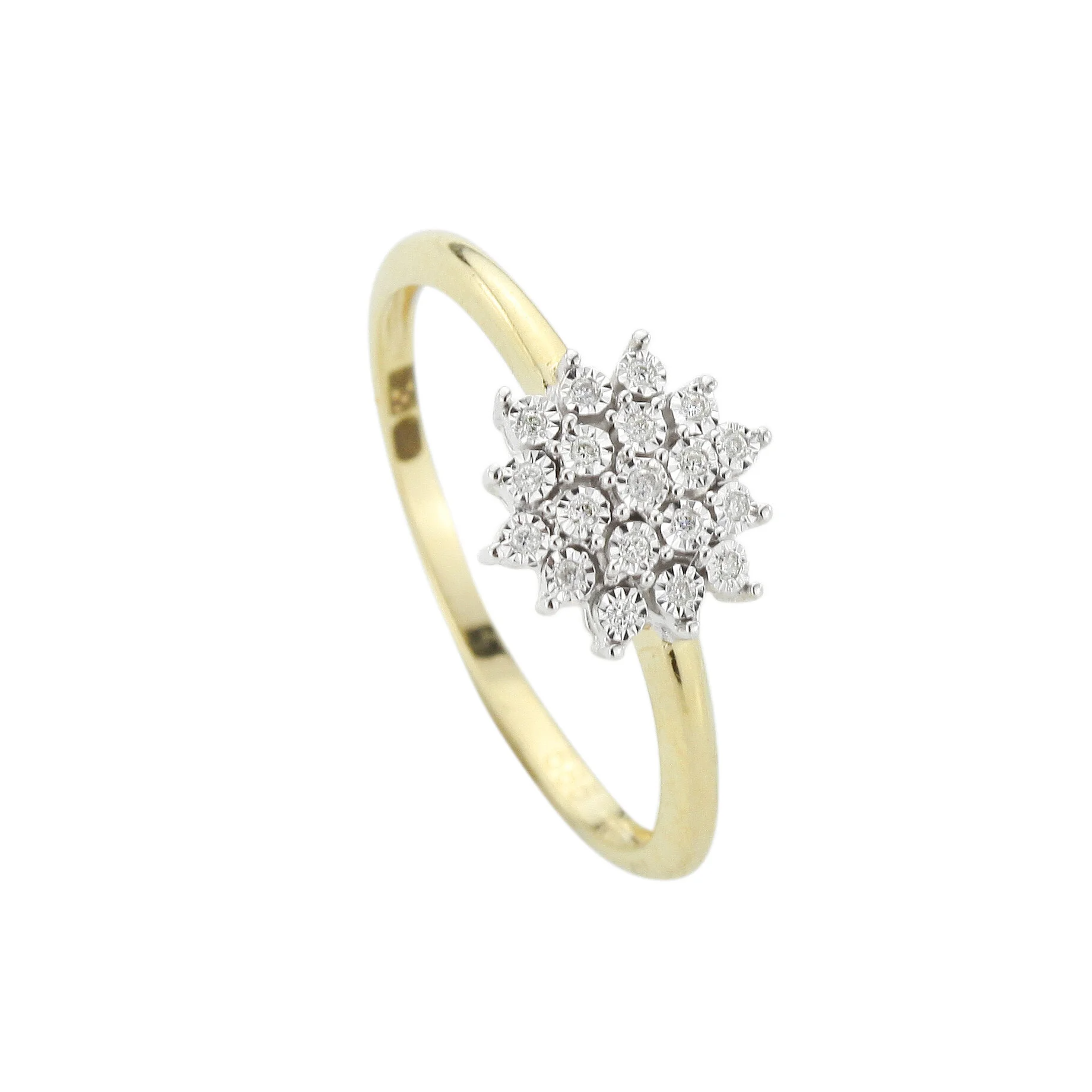 14k Geelgouden entourage ring met diamant. De, briljant geslepen, diamanten zijn elk apart gezet in een witgouden illusie chaton