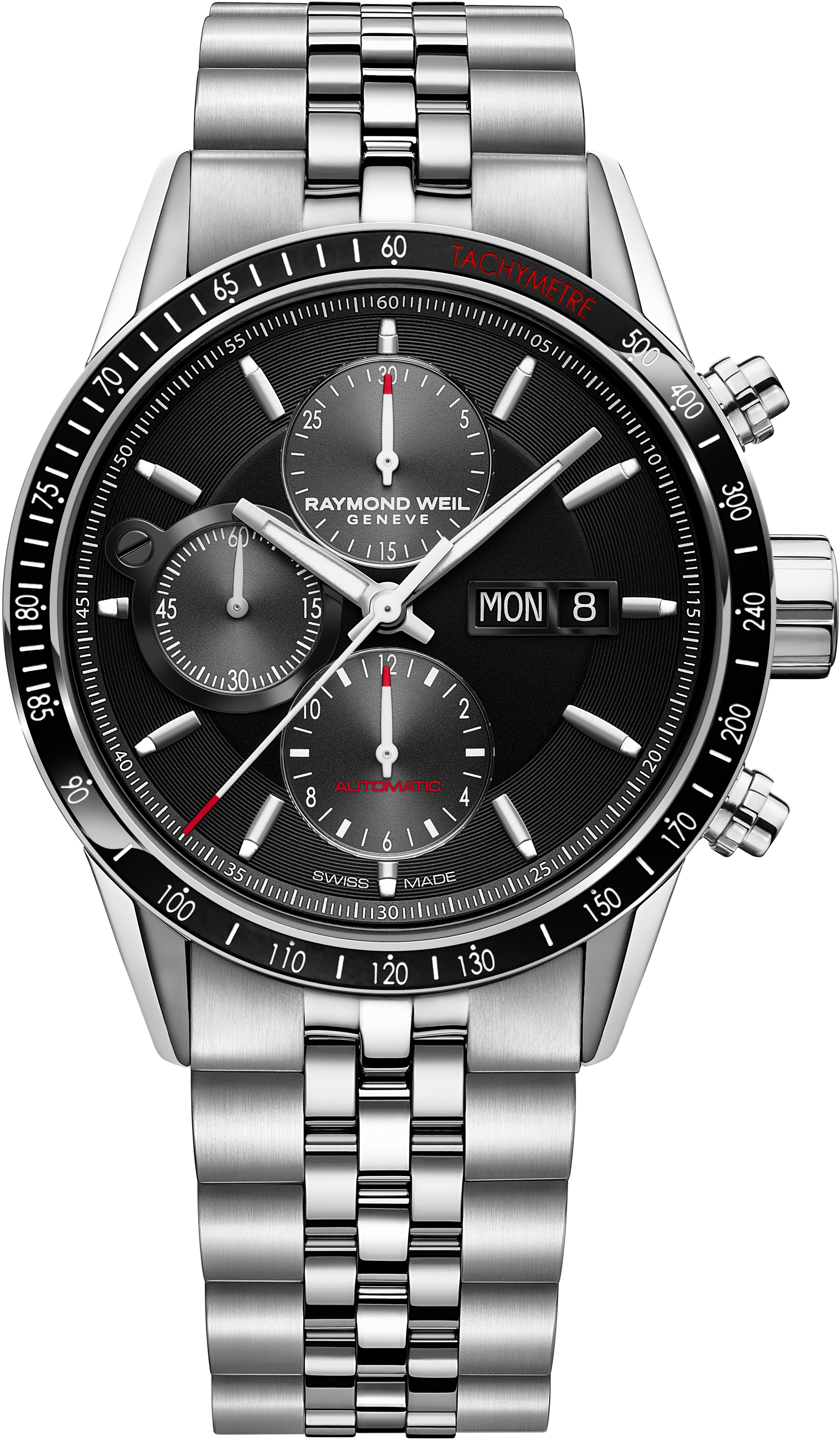 Dit is een horloge van het merk Raymond Weil gemaakt voor heren.
De specificaties zijn als volgt:
Kastmaat: 42 mm
Waterdichtheid: 10 ATM / 100 Meter / 330 Feet
Dit horloge heeft de volgende functies/eigenschappen:
Chronograaf
Datumaanduiding
Dagaanduiding
Tachymeter