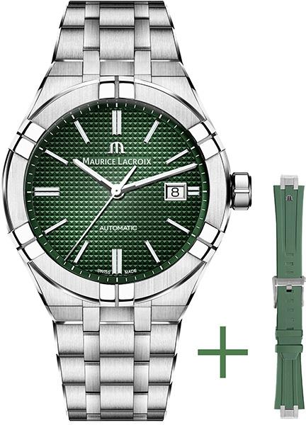 Dit herenhorloge is onderdeel van de Maurice Lacroix Aikon serie, een remake van de iconische Maurice Lacroix Calypso uit de jaren 90. Het zijn sportieve horloges, die in &eacute;&eacute;n oogopslag herkenbaar zijn vanwege hun stijlvolle design en prominent aanwezige lunet. Dit model is uitgevoerd met een platte edelstalen horlogekast (42 mm) en bijpassende schakelband met prachtige verfijnde en gematteerde schakels. Op de chique, groene wijzerplaat zijn een datumaanduiding en zilverkleurige indexcijfers te zien. Bij dit model wordt ook een groen rubberen band geleverd, die door het makkelijke wisselsysteem kan worden bevestigd door de eigenaar.
