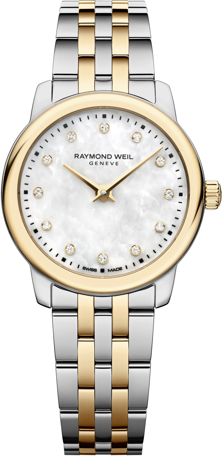 De Raymond Weil Toccata Lady Horloge (Model: 5024-STP-97081) biedt een elegante uitstraling met een parelmoeren wijzerplaat en sierdiamanten. De quartz uurwerk en saffierglas garanderen precisie en duurzaamheid. De horloge, vervaardigd uit roestvrij staal, is waterbestendig tot 5 ATM. Draag hem stijlvol bij formele of zakelijke outfits voor een verfijnde look. Labgrown Diamonds.