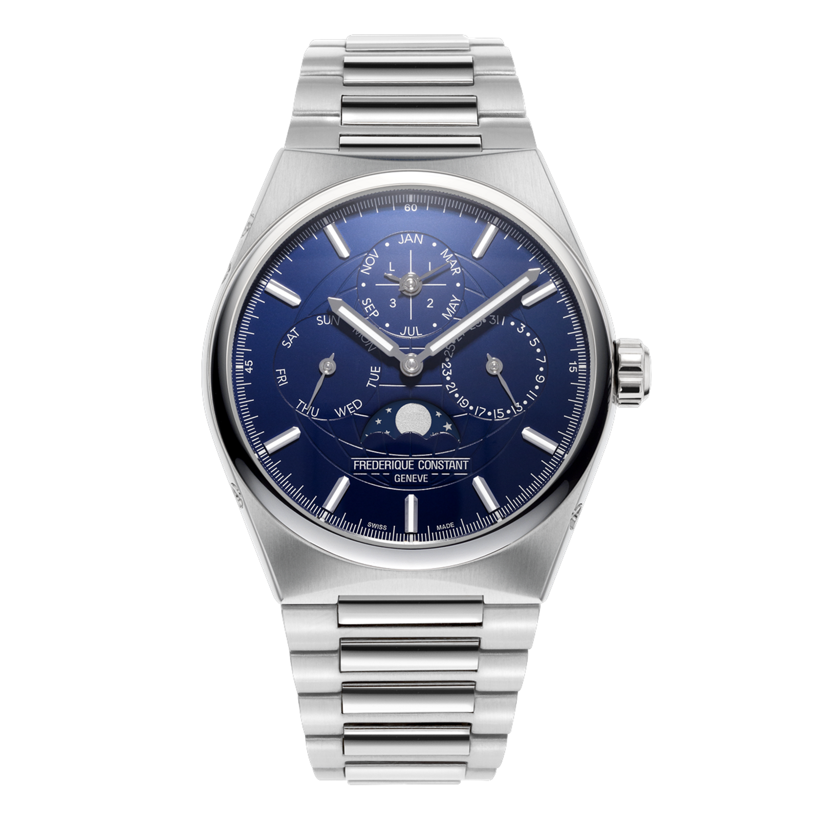 De Frederique Constant Highlife Perpetual Calendar Manufacture FC-775N4NH6B is een luxe Zwitsers automatisch horloge met een 41 mm roestvrijstalen kast, blauwe wijzerplaat met wereldbolmotief en een geavanceerde eeuwigdurende kalender inclusief maanfase. Het in-house FC-775 manufactuurkaliber combineert hoogwaardige techniek met tijdloze elegantie, waardoor dit model perfect is voor liefhebbers van verfijnde horlogerie.