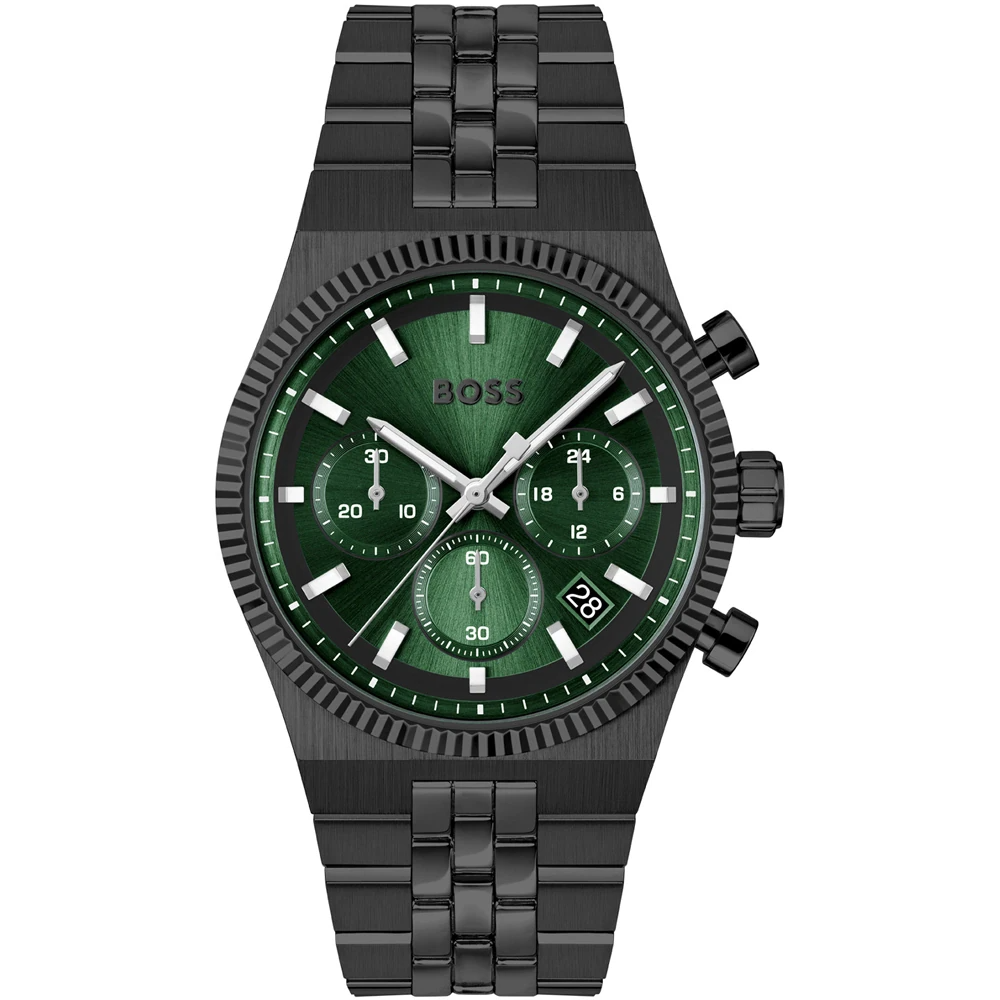chrono-zwart pvd stalen armband-zwart pvd stalen kast-groen wijzerplaat-datum- 41mm-5atm
