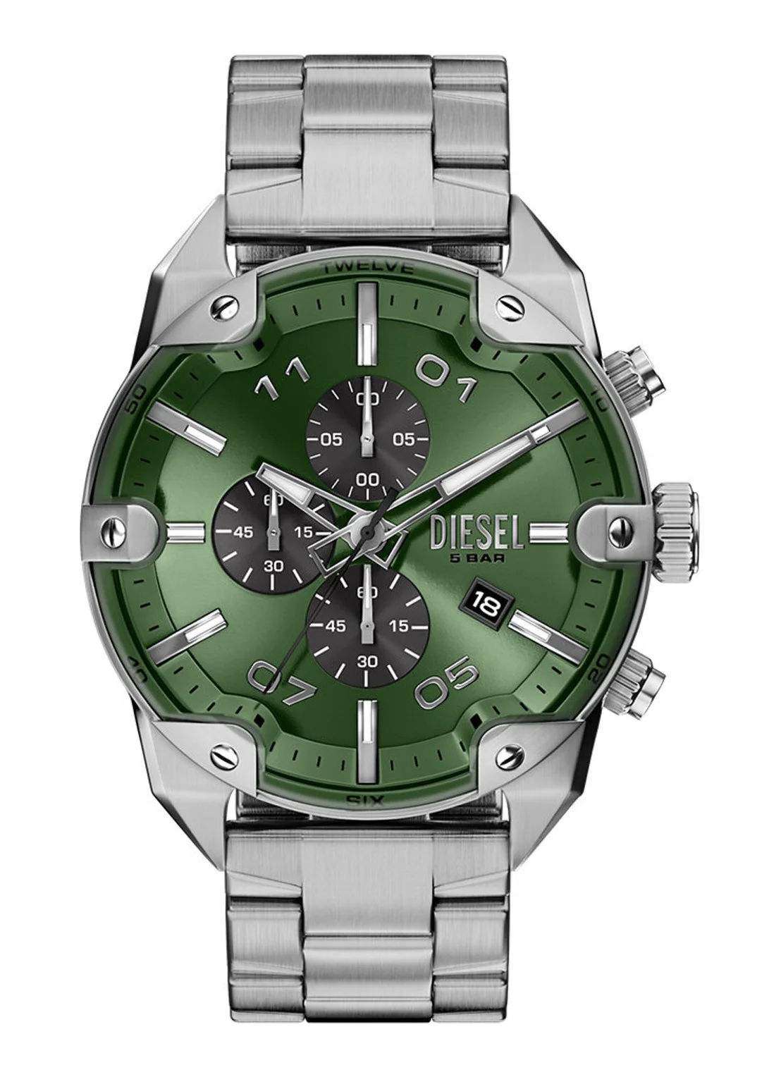 Dit Diesel Spiked horloge van 49 mm heeft een groene wijzerplaat met zonnestraaleffect, een chronograafuurwerk en een zilverkleurige roestvrijstalen band.