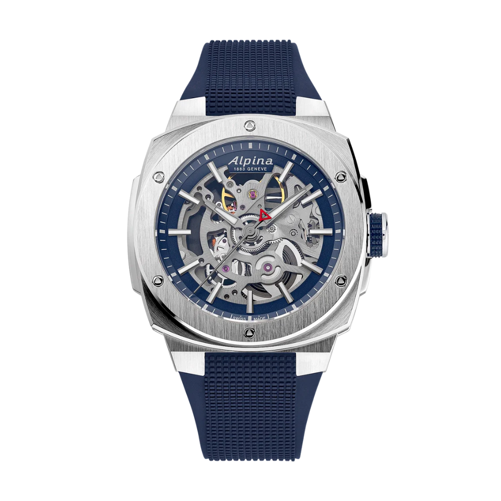 De Alpina Alpiner Extreme Skeleton Automatic is een sportief Zwitsers automatisch horloge met een opvallende skeleton wijzerplaat, waardoor het mechanische uurwerk zichtbaar is. De roestvrijstalen kast, blauwe rubberen band en 200 meter waterdichtheid combineren robuustheid met moderne luxe. Uitgerust met het Alpina AL-520 automatische kaliber en krasbestendig saffierglas, is dit horloge ideaal voor liefhebbers van technische horlogerie en avontuurlijke stijl.