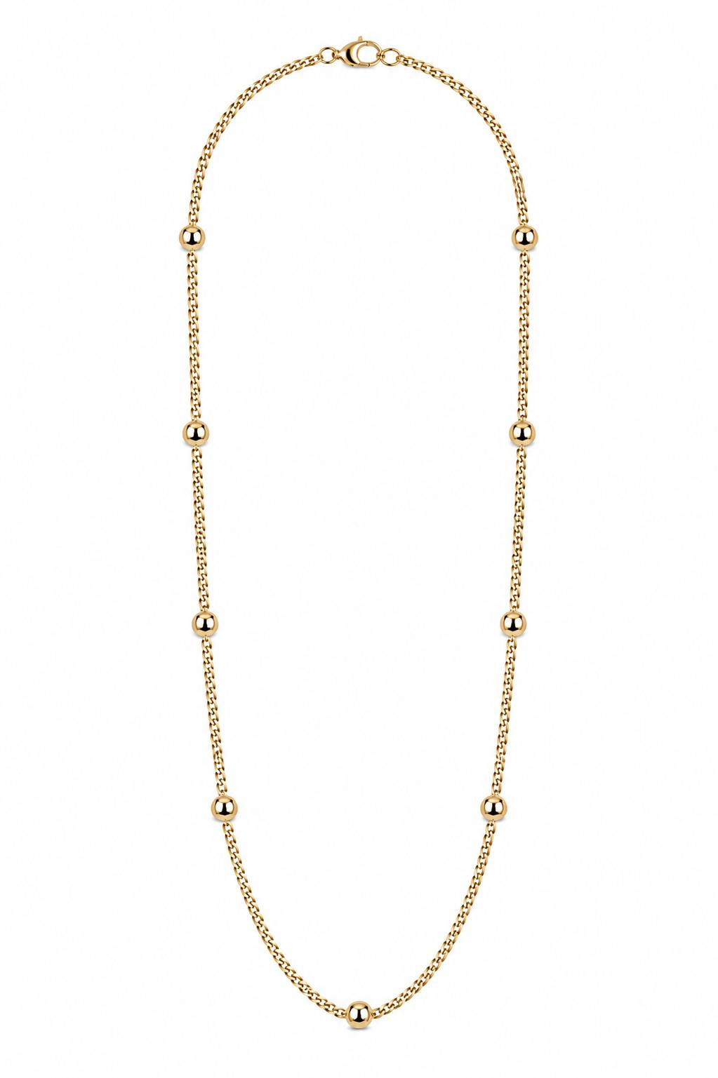De "Collier Gourmette en Bolletjes" 14kt goud is een verfijnd sieraad met de volgende kenmerken: gemaakt van goudkleurig 14-karaats goud, gourmette-stijl, met een veerslot en een lengte van 40 cm. Draag deze elegante ketting solo voor een subtiele look of combineer met andere halskettingen voor een gelaagd effect. Perfect voor elke gelegenheid.