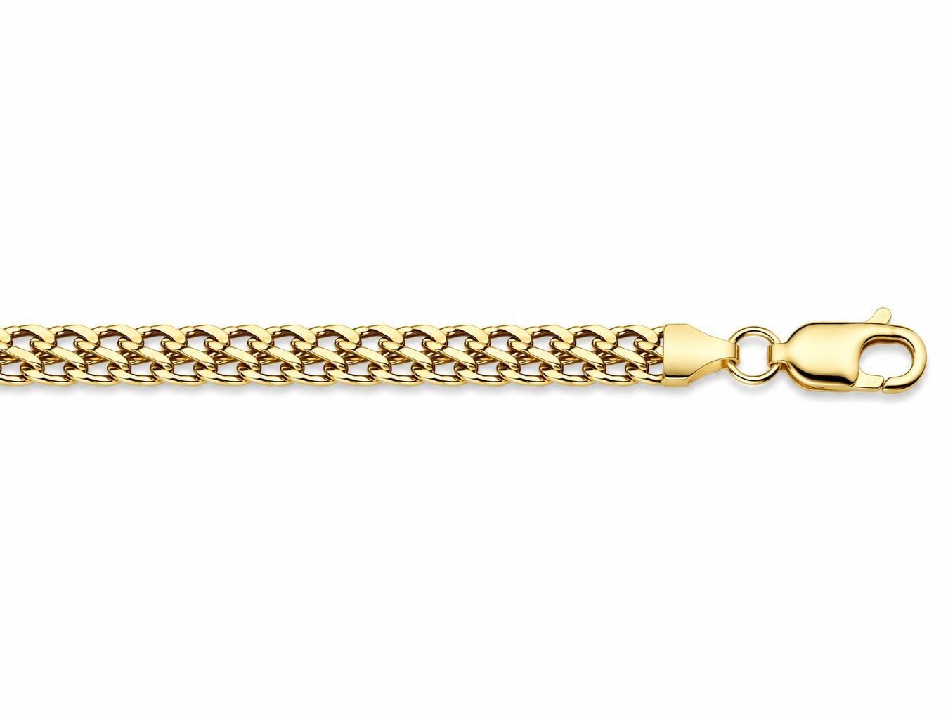 De Frans Dubbel Gourmette Armband is een verfijnde gouden armband. Gemaakt van 14 karaats goud, heeft het een prachtige gouden kleur en een stevige karabijnsluiting. Met een lengte van 19 cm is deze gourmette ideaal om los te dragen of gestapeld met andere armbanden voor een chique look.