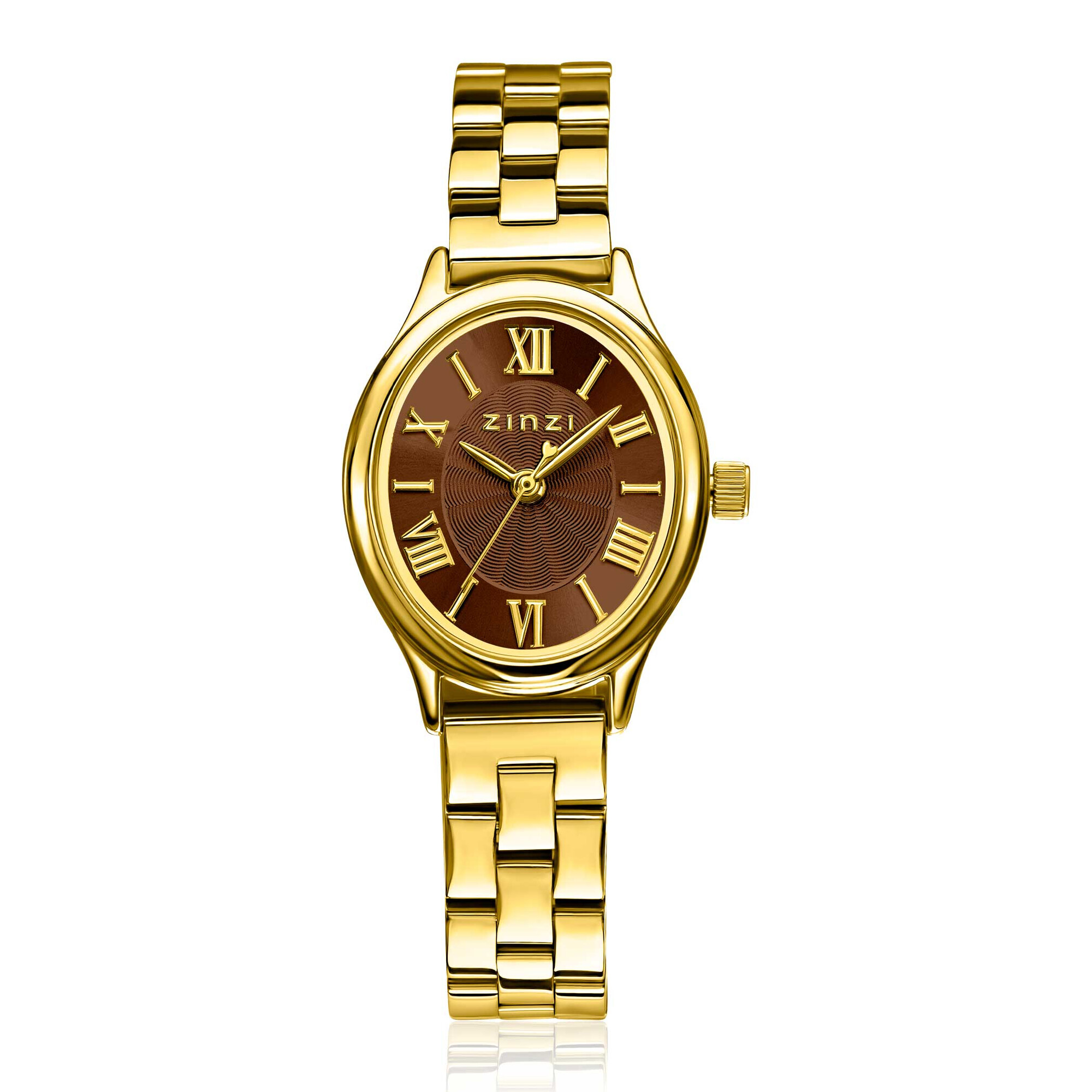 Het ZINZI 'Belle Ovale' horloge is een verfijnd ontwerp met een 26mm ovale kast. De klassieke romeinse cijfers en sierlijke wijzers geven het horloge een mooie uitstraling. Voorzien van een bruine wijzerplaat met geelgoudkleurige indexen en een goudkleurige stalen schakel band. Extra kwaliteit: Voorzien van een extra dun Japans kwaliteitsuurwerk, sterk mineraal glas en het horloge is 3atm waterbestendig (tegen regen en spatwater).