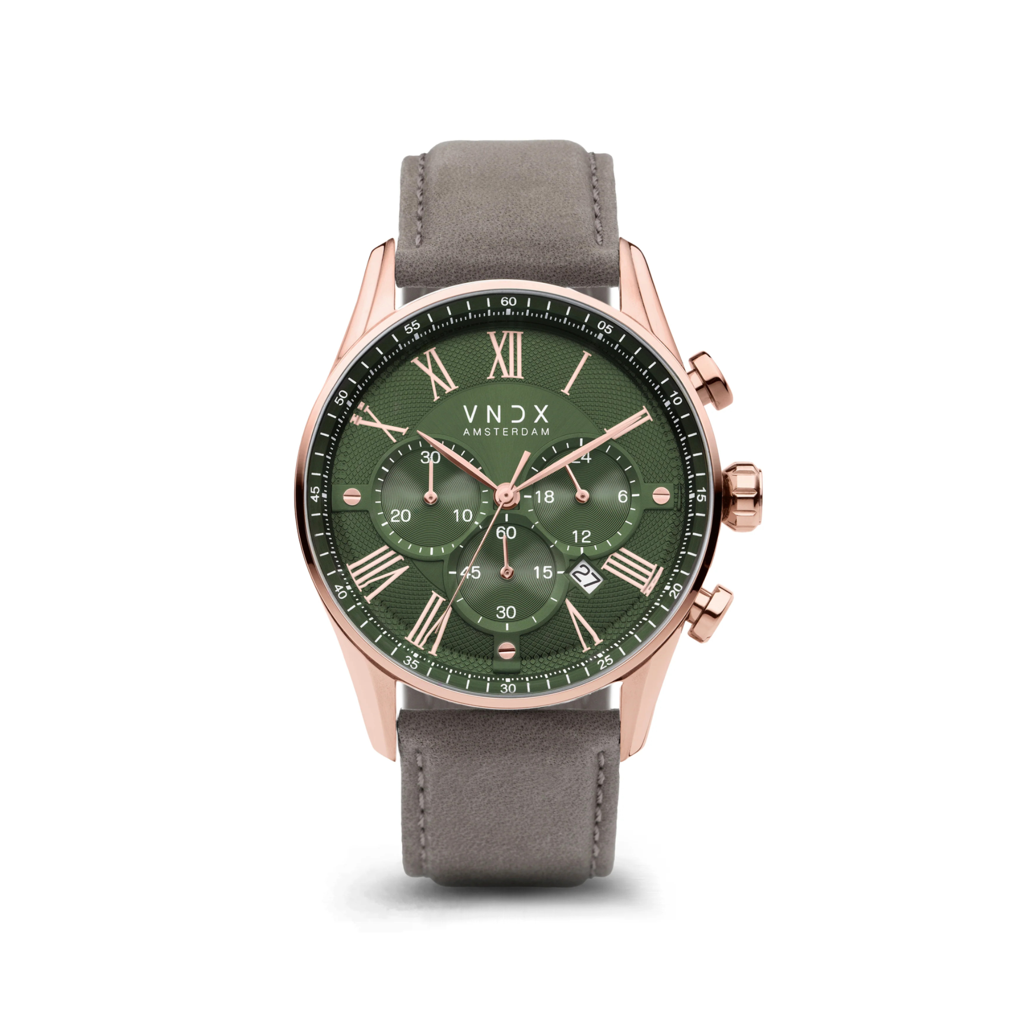 VNDX Amsterdam horloge the chief rose goud groen grijs leder