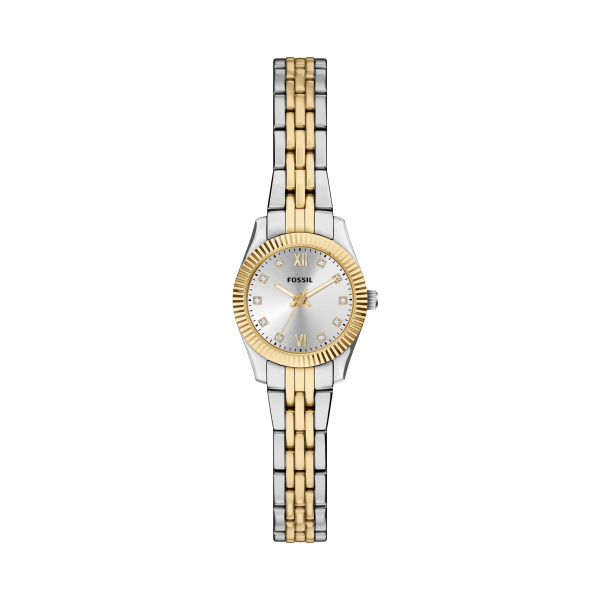 Fossil dames horloge, collectie Scarlette, bicolor stalen band, zilverkleurige wijzerplaat met steentjes als index