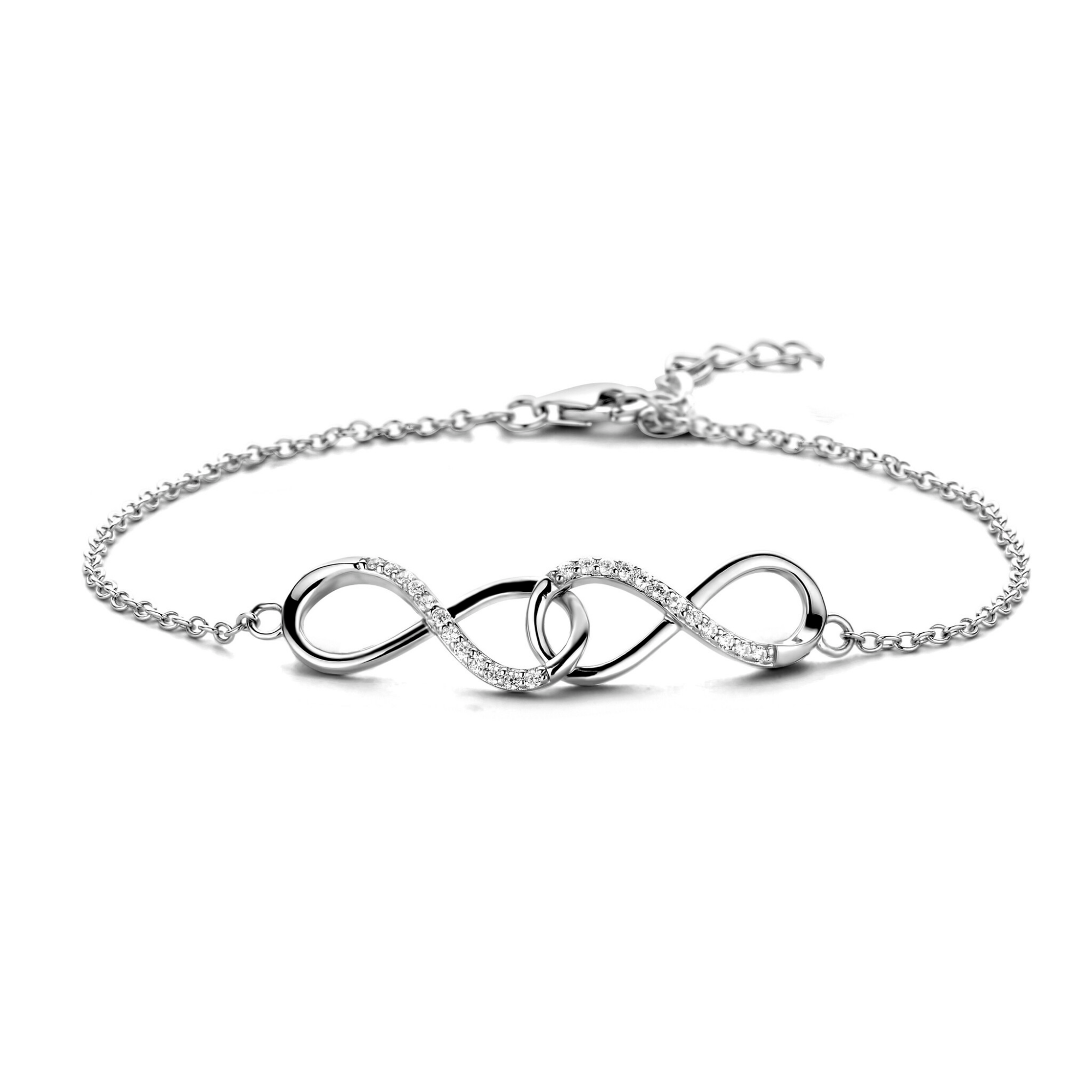 RDL  zilveren armbandje fijne jasseron schakel met 2 infinity's met zirkonia een elkaar.