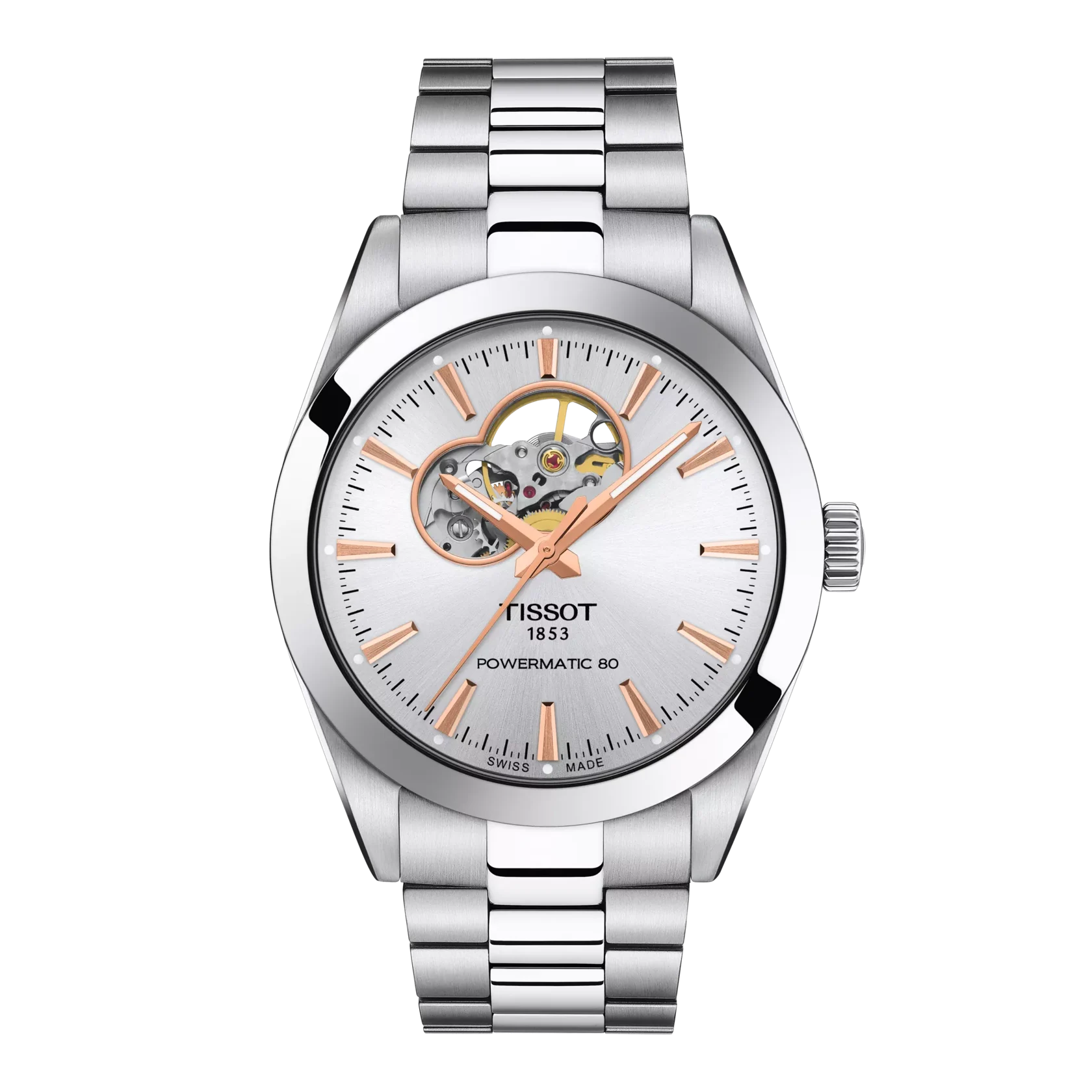 De Tissot Gentleman Open Heart T1274071103101 is een elegante polshorloge met een roestvrijstalen kast en band. Het heeft een automatische Zwitserse beweging en een zilverkleurige wijzerplaat. Het horloge is 40mm groot en waterbestendig tot 10 ATM. Draag het bij formele of zakelijke gelegenheden voor een stijlvolle uitstraling. 