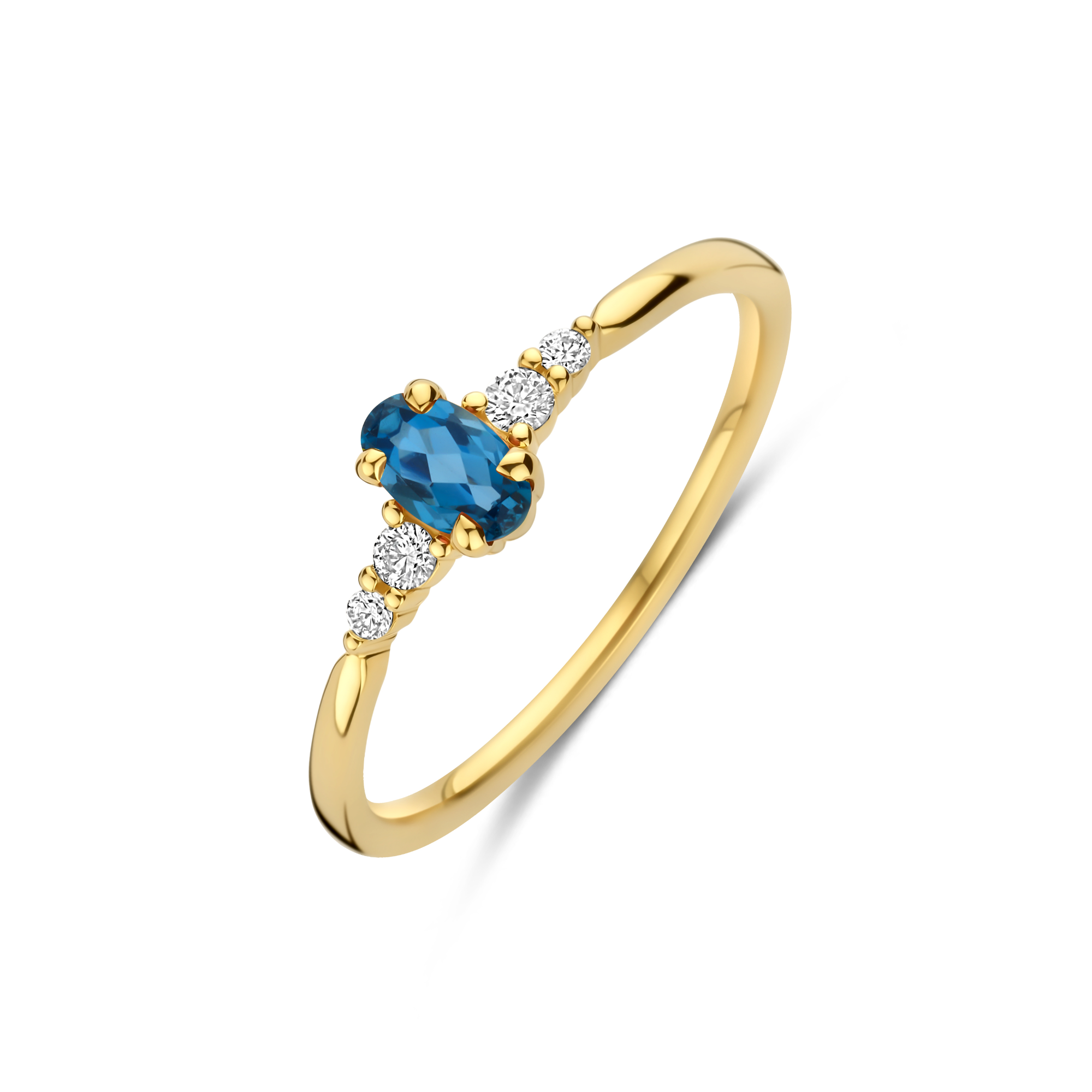 Geeloguden ring van Briljant model Lovo met diamant 0.07ct H/Si en London Blue Topaas