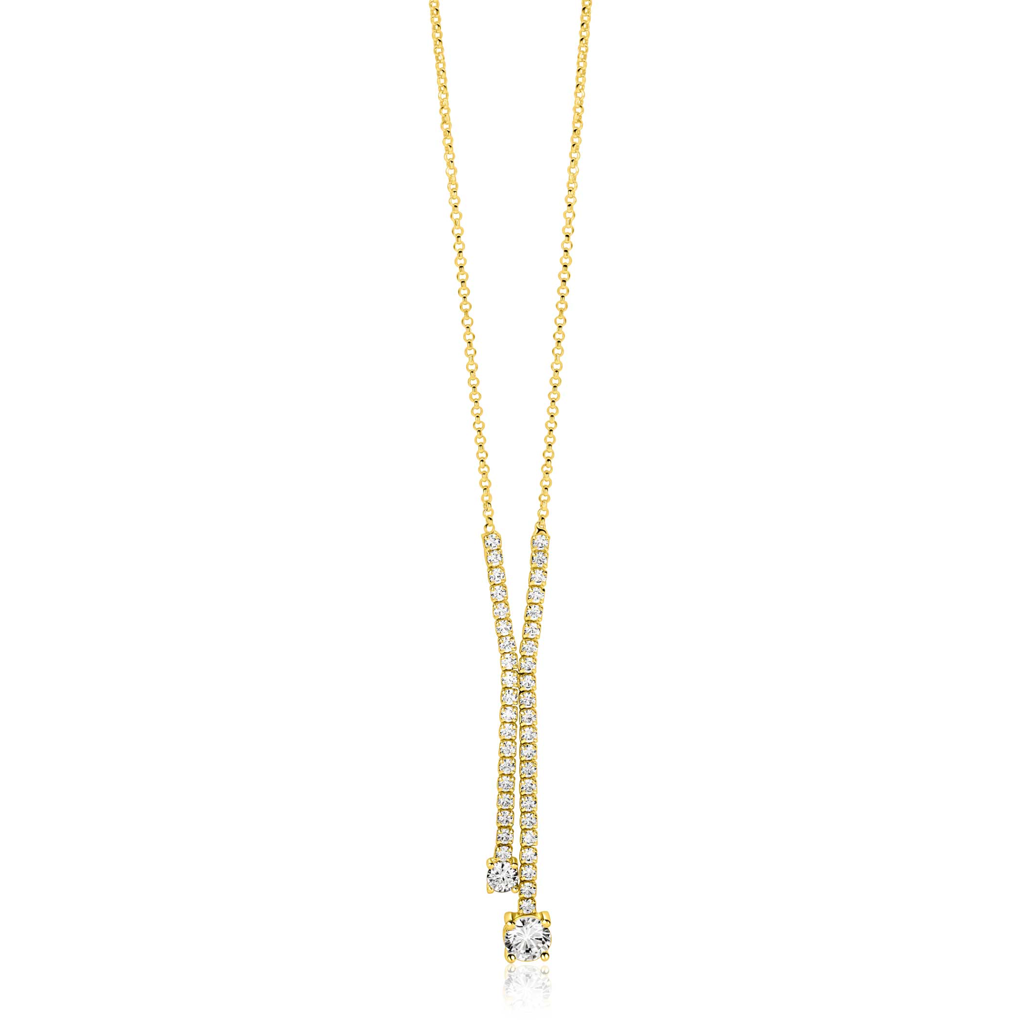 ZINZI gold plated zilveren Y-collier met luxe tennislook. De schitterende rijzetting met witte zirkonia's wordt geaccentueerd door twee grotere witte zirconia's. De lengte van de ketting is verstelbaar van 42cm tot 45cm. Vervaardigd van eerste gehalte zilver (925) en extra geelverguld.