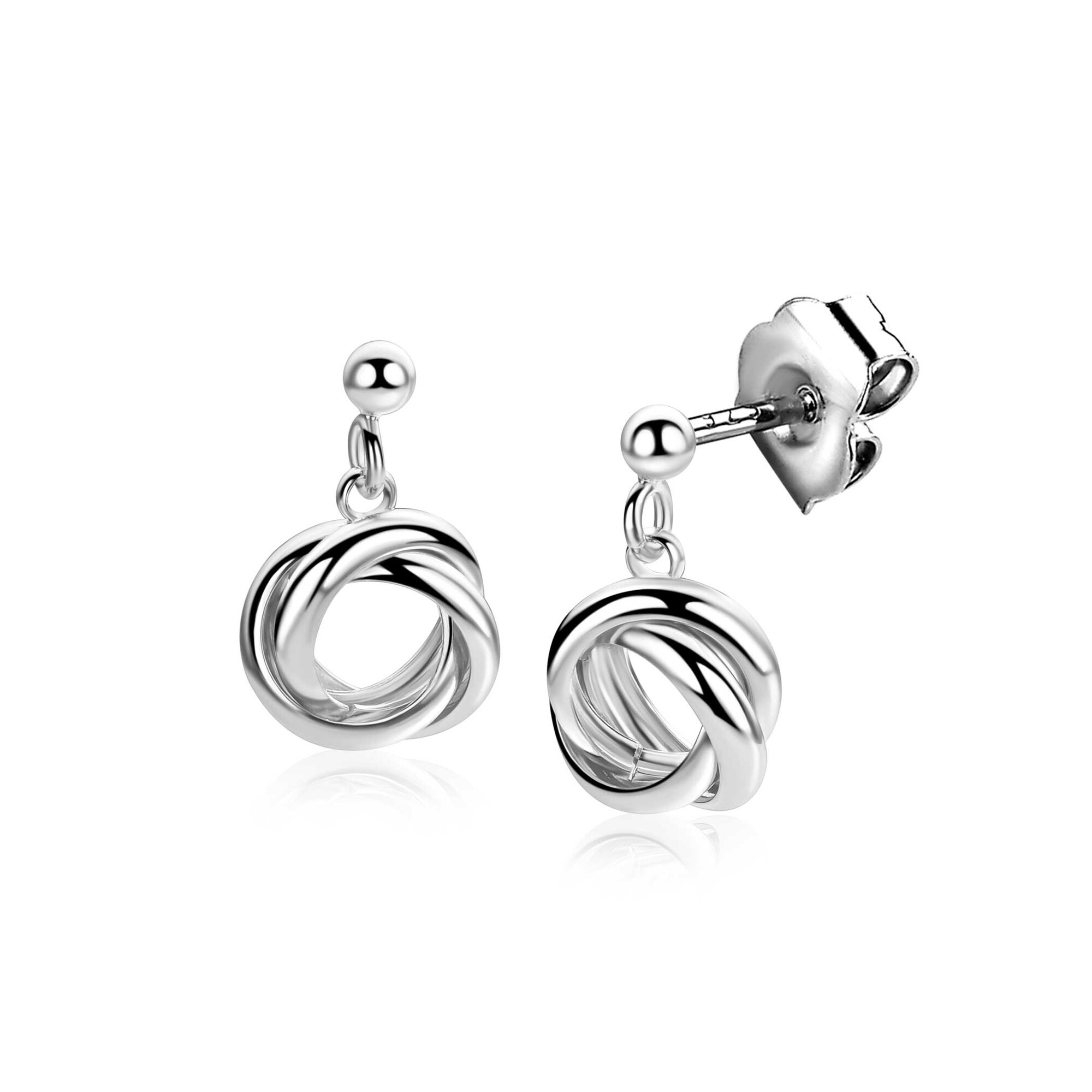 ZINZI zilveren oorstekers (17mm) met drie verbonden ringen (knoop-stijl). De verbonden ringen staan symbool voor verbondenheid. Vervaardigd van eerste gehalte zilver (925) en voorzien van een extra rodiumlaag voor een langdurige glans.