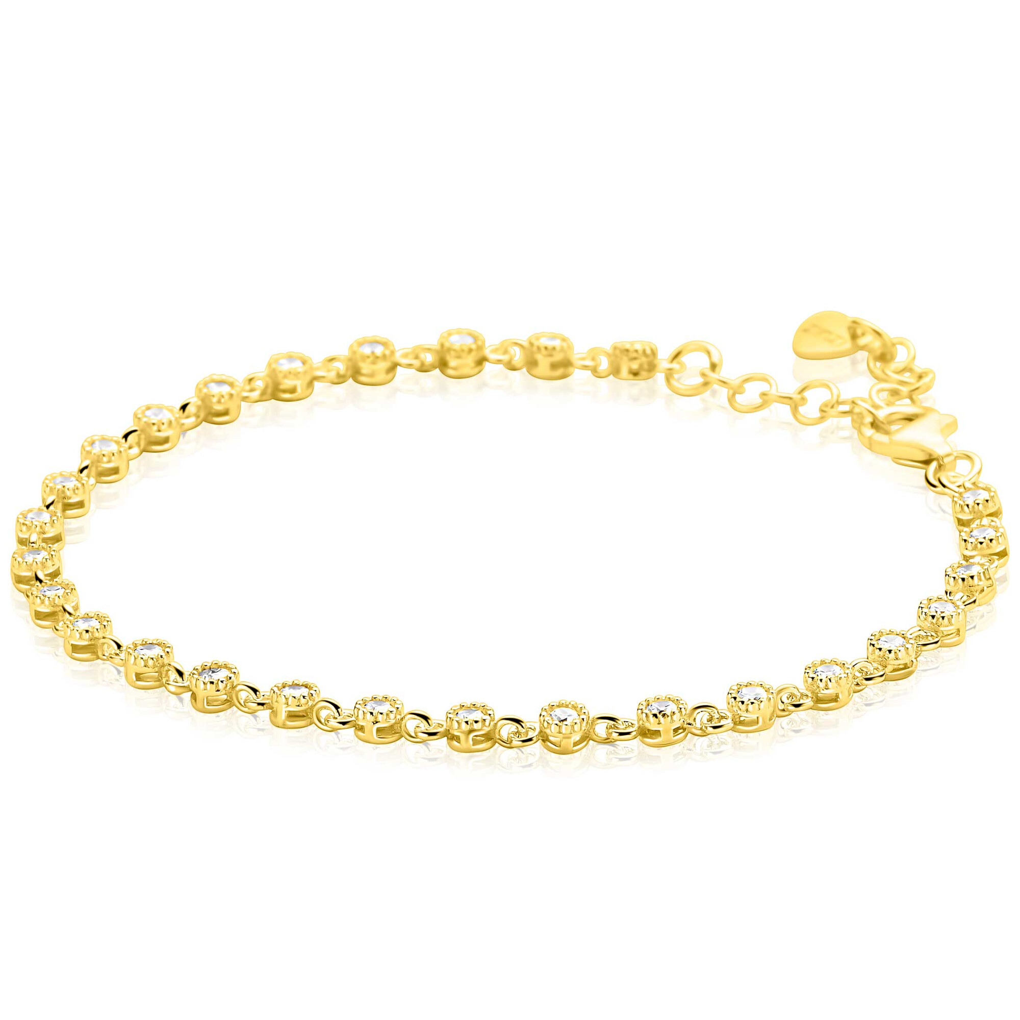 ZINZI gold plated zilveren armband met een speelse rij witte zirkonia&rsquo;s in ronde zetting. De afzonderlijk gezette stenen zijn verbonden door fijne schakels, wat zorgt voor een luxe uitstraling met subtiele beweging. Voor een perfecte pasvorm is de lengte verstelbaar van 17,5cm tot 20cm. Vervaardigd van eerste gehalte zilver (925) en extra geelverguld.