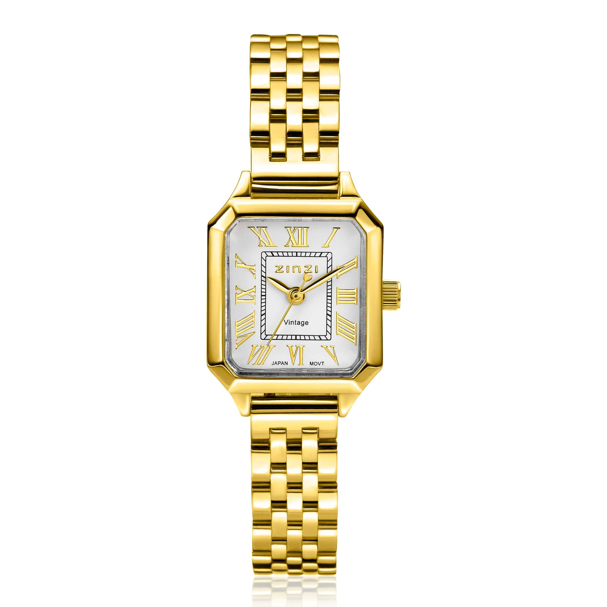 Het ZINZI Vintage horloge van 24mm heeft een verfijnd klassiek achthoekig ontwerp. De romeinse cijfers en stijlvolle wijzers geven de wijzerplaat een elegante uitstraling. Voorzien van een zilverkleurige wijzerplaat en geelgoudkleurige stalen schakelband. Extra kwaliteit: Voorzien van een extra dun Japans kwaliteitsuurwerk, sterk mineraal glas en het horloge is 3atm waterbestendig (tegen regen en spatwater).