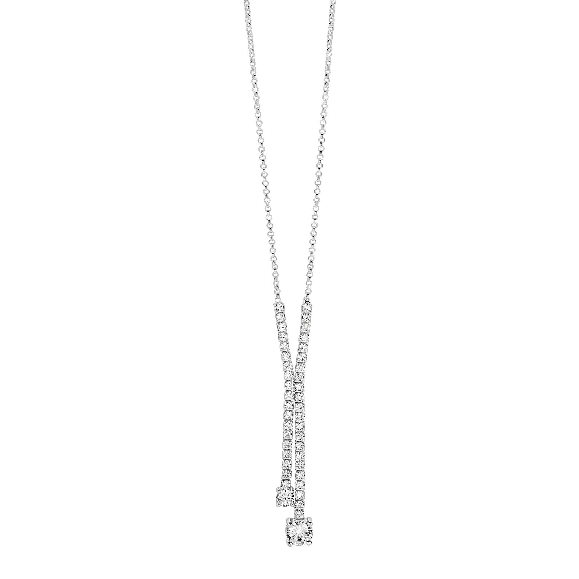 ZINZI zilveren Y-collier met luxe tennislook. De schitterende rijzetting met witte zirkonia's wordt geaccentueerd door twee grotere witte zirconia's. De lengte van de ketting is verstelbaar van 42cm tot 45cm. Vervaardigd van eerste gehalte zilver (925) en voorzien van een extra rodiumlaag voor een langdurige glans.