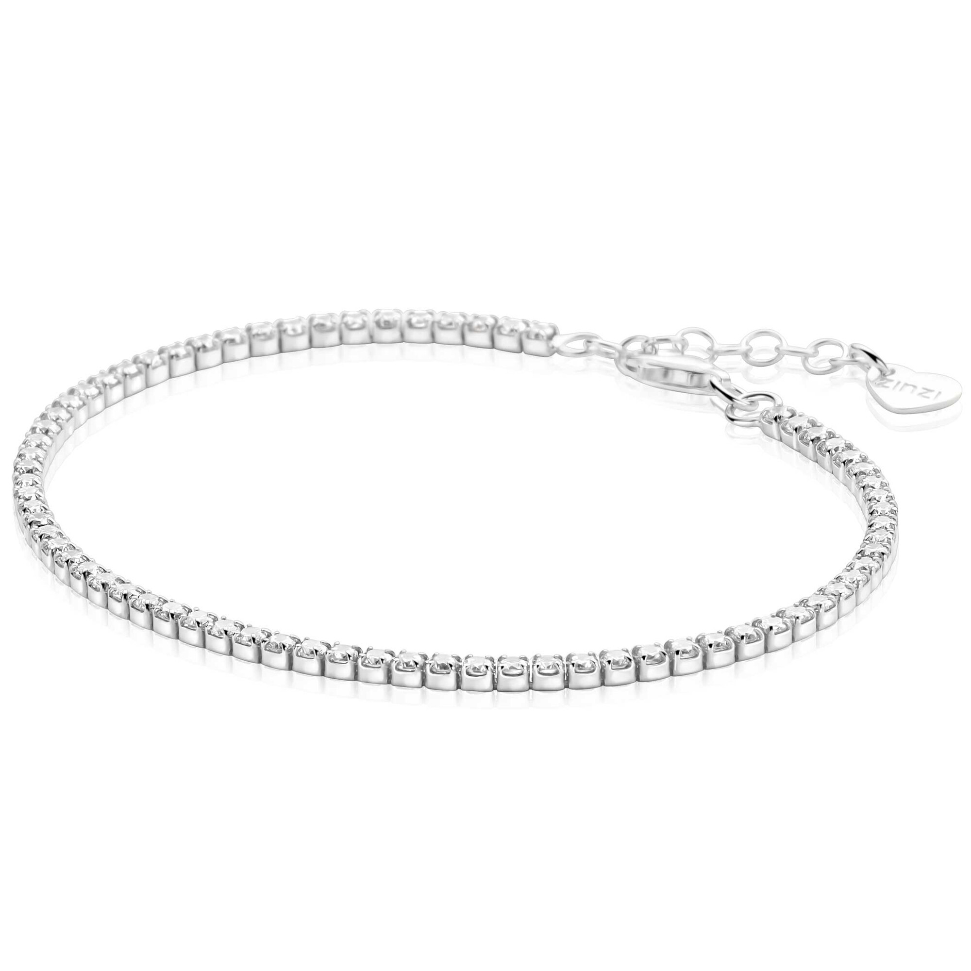 ZINZI zilveren tennisarmband 2,1mm breed bezet met witte zirkonia&rsquo;s in verfijnde rijzetting. De aaneenschakeling van fonkelende zirkonia's cre&euml;ert een elegante uitstraling die moeiteloos bij elke gelegenheid past. Voor een perfecte pasvorm is de lengte verstelbaar van 17,5cm tot 20cm. Vervaardigd van eerste gehalte zilver (925) en voorzien van een extra rodiumlaag voor een langdurige glans.