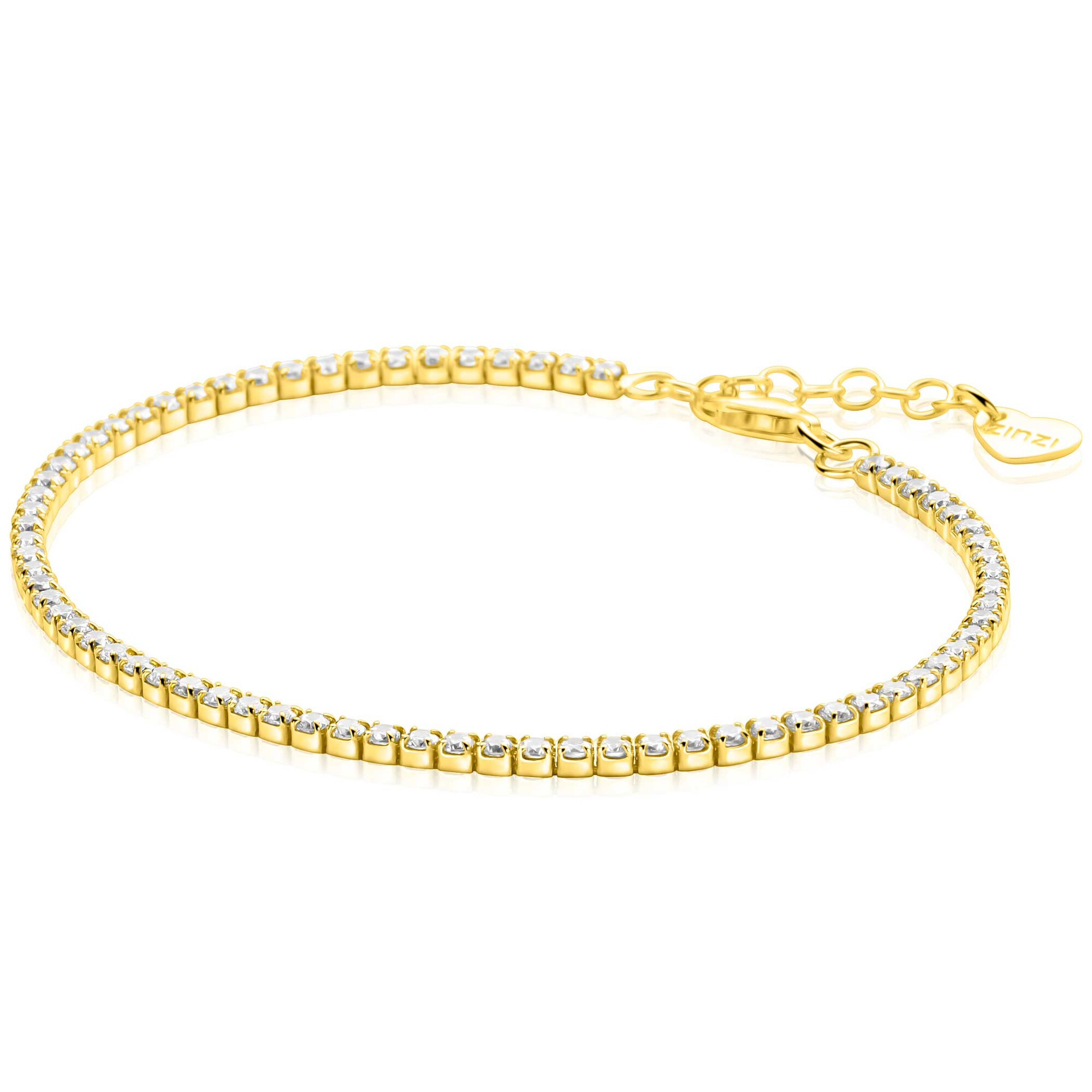 ZINZI gold plated zilveren tennisarmband 2,1mm breed bezet met witte zirkonia&rsquo;s in verfijnde rijzetting. De aaneenschakeling van fonkelende zirkonia's cre&euml;ert een elegante uitstraling die moeiteloos bij elke gelegenheid past. Voor een perfecte pasvorm is de lengte verstelbaar van 17,5cm tot 20cm. Vervaardigd van eerste gehalte zilver (925) en extra geelverguld.