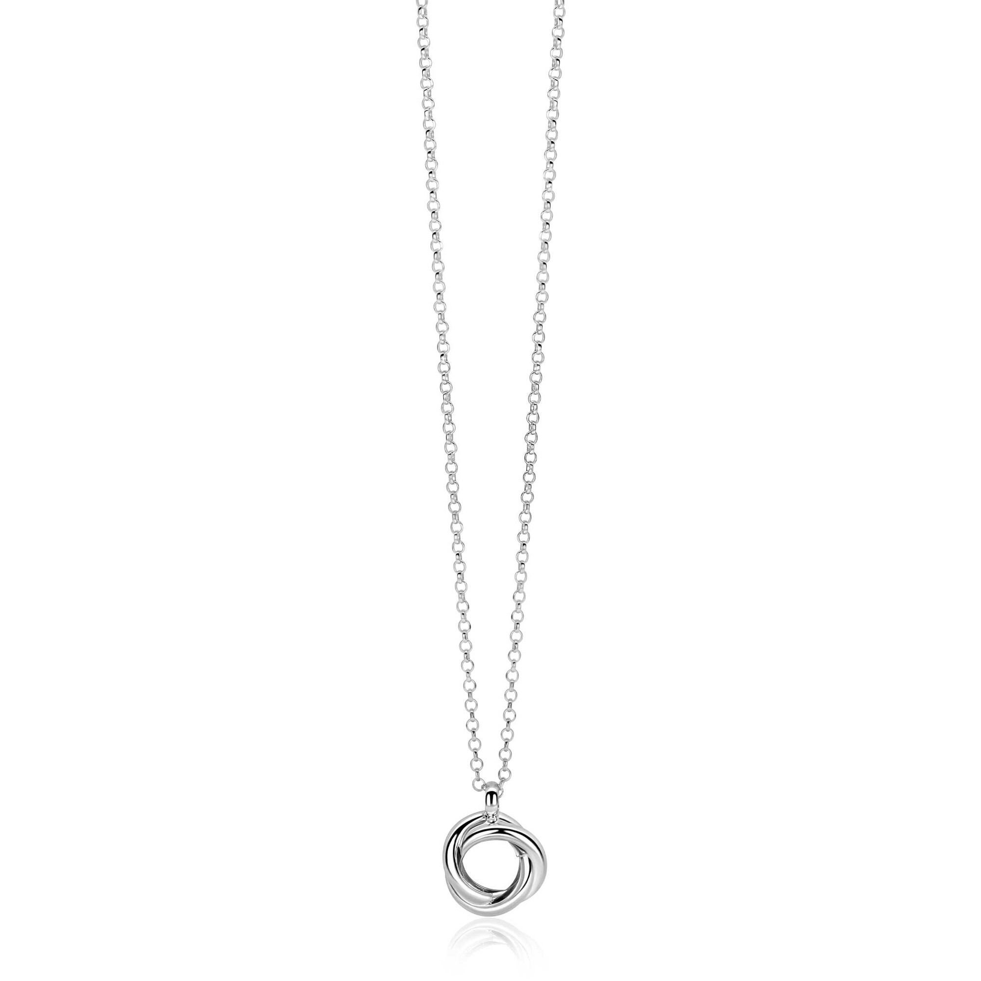 ZINZI zilveren collier 45cm met hanger van drie verbonden ringen (knoop-stijl). De lengte van de ketting is verstelbaar van 42cm tot 45cm. Vervaardigd van eerste gehalte zilver (925) en voorzien van een extra rodiumlaag voor een langdurige glans.