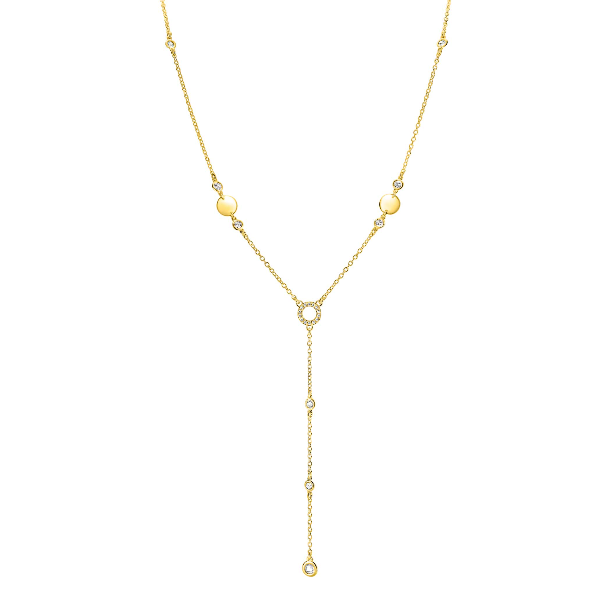De ZINZI zlv. Y-collier, modelnummer ZIC2909, is een elegante gouden ketting gemaakt van zilver, versierd met ronde plaatjes en zirkonia. Het collier heeft een lengte van 450 mm en weegt 5,9 gram. Deze verfijnde ketting kan prachtig gecombineerd worden met een avondjurk of een stijlvolle blouse voor een chique uitstraling. Perfect voor elke gelegenheid!