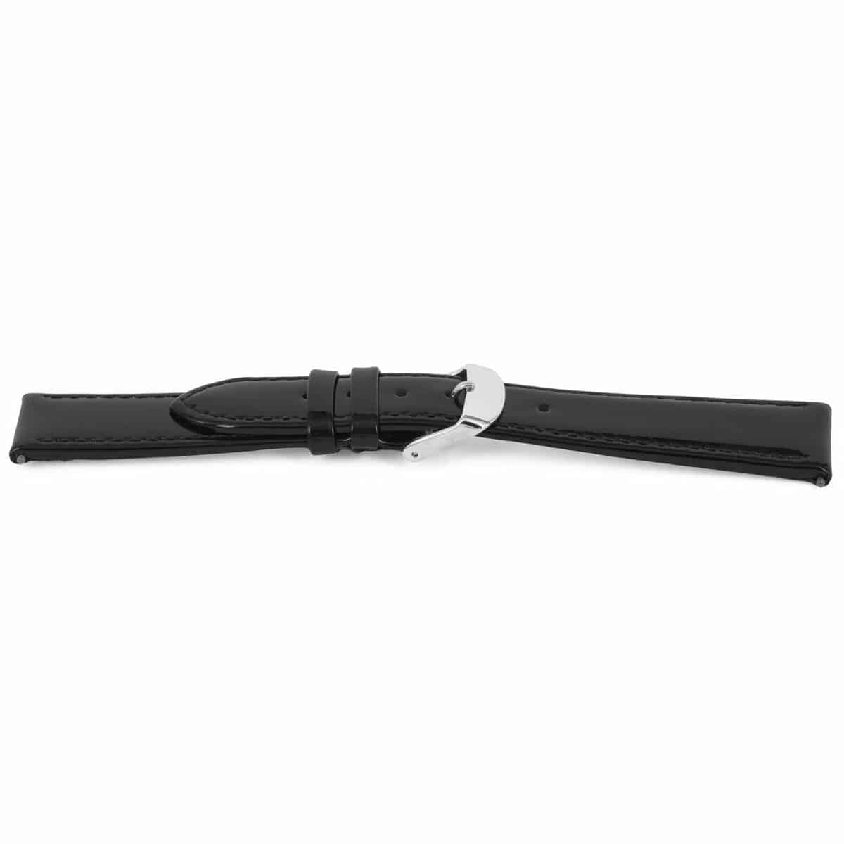 Kalfslederen horlogeband zwart, lak en gestikt. 
Kleur band: Zwart 
Band dikte: 4,9 - 2.5mm
Band lengte: 75/125mm
Band breedte: 18x16mm
Gesp: All Stainless Steel
Bekleding binnenband: Nubuck
Gestikt: Ja, zwart
Pushpin: Inclusief
Hypo allergisch: Ja
NFC Chip: Nee
EAN: 4785863609503